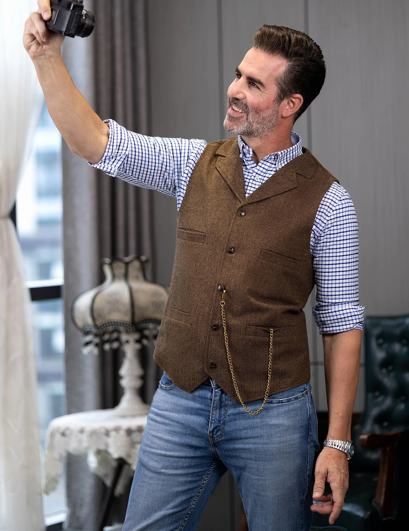 Ceehuteey Męska kamizelka garniturowa, tweed, retro, dekolt w serek, wełniana jodełka, na studniówkę