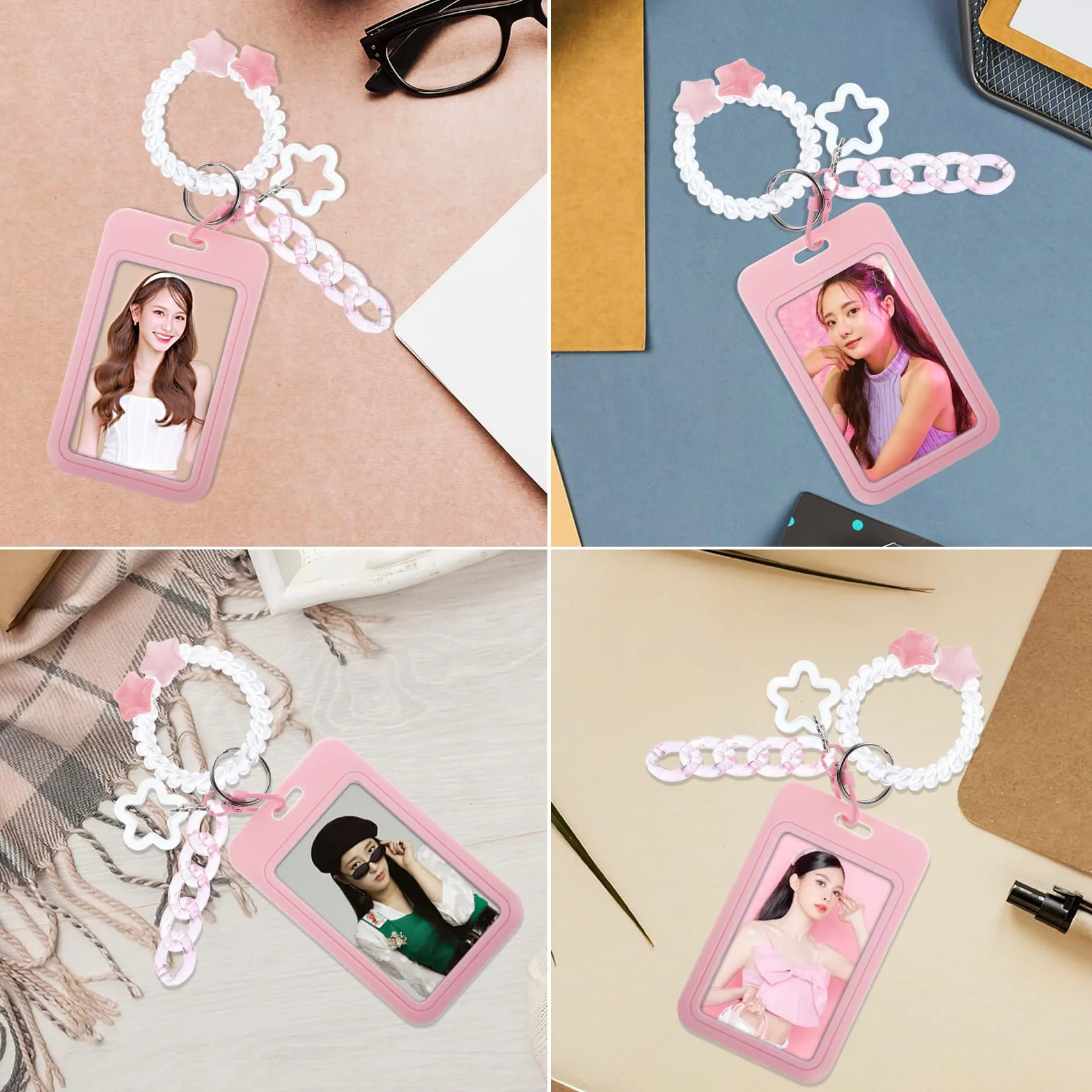 Amaxiu Akrylowe Etui na Karty Fotograficzne - Kpop, Ramka do Ekspozycji, Organizator z Kółkiem na Klucze (Różowy B)