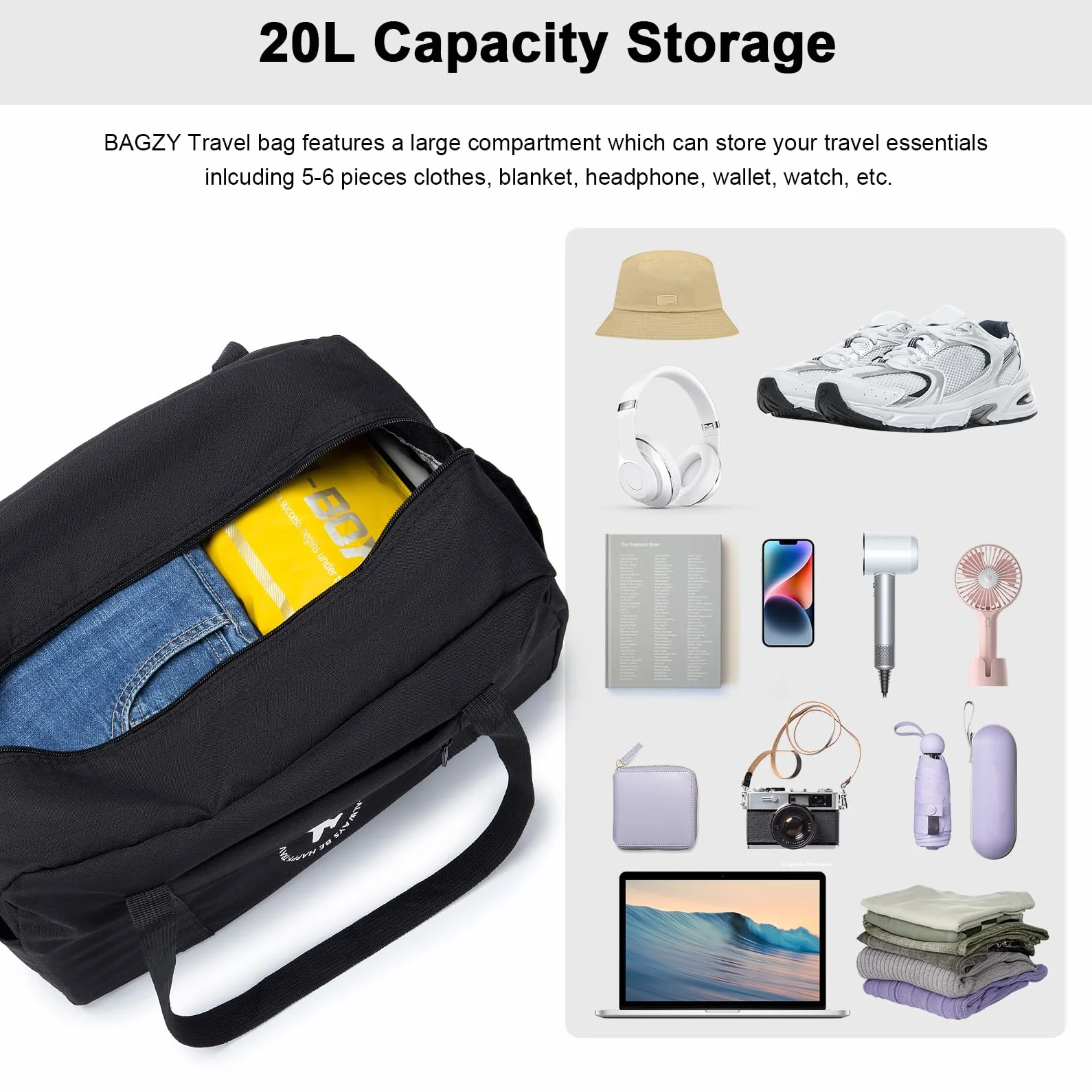 BAGZY 2x Torba Podręczna Ryanair 40x20x25 Składana Torba Kabinowa 20L Lekka Torba Sportowa na Weekend dla Kobiet i Mężczyzn Czarny