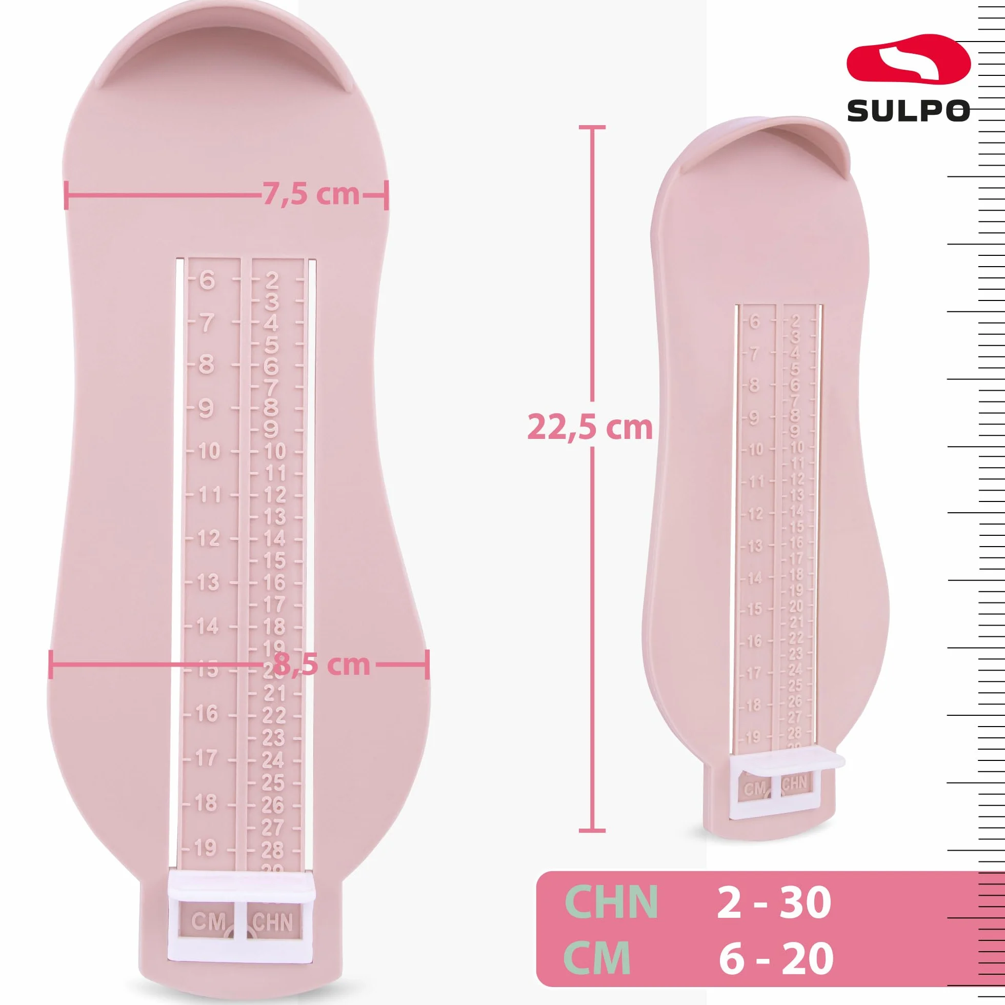 SULPO Miarka do pomiaru stóp dla dzieci - pomiar rozmiaru buta od 6 cm do 20 cm - Przyrząd pomiarowy stóp dla dzieci - Łatwa w użyciu linijka pomiarowa