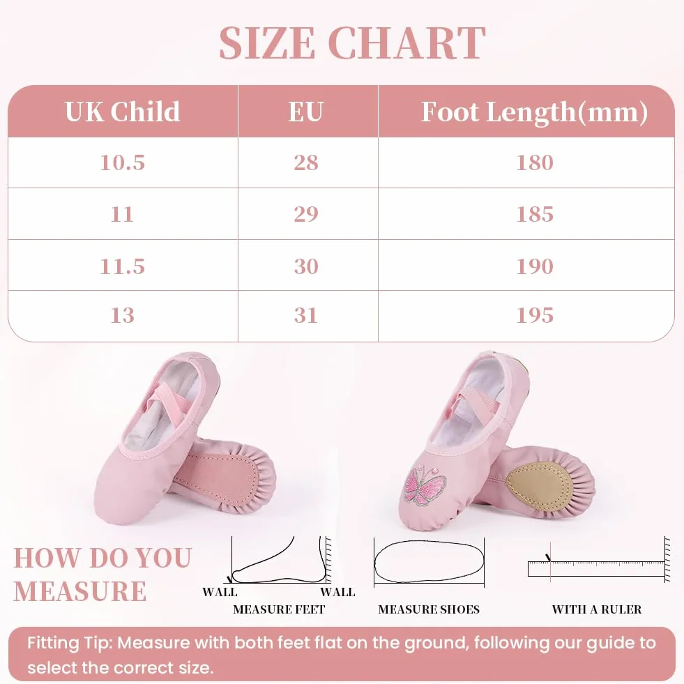 Buty baletowe dla dziewczynek – lekkie buty baletowe ze skórzaną podeszwą, różowe motyle dla dzieci z elastycznymi, skrzyżowanymi paskami, odpowiednie do jogi, baletu, tańca, gimnastyki