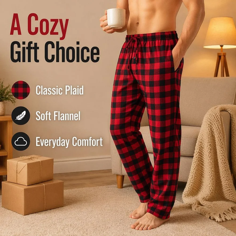 Męskie 100% Bawełniane Flanelowane Komfortowe Spodnie Piżamowe/Na Dom z Kieszeniami - W Karo, Luźny Kroj, Talia ze Sznurkiem, Rozmiary S-XL, Długość Wnętrza 30/31, L