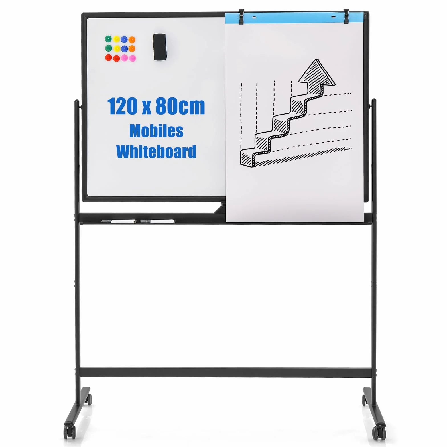 COSTWAY Dwustronna przenośna tablica suchościeralna, 120 x 80 cm, magnetyczna tablica suchościeralna z kółkami, stojakiem i półką na długopisy, w zestawie akcesoria do szkoły, biura, domu
