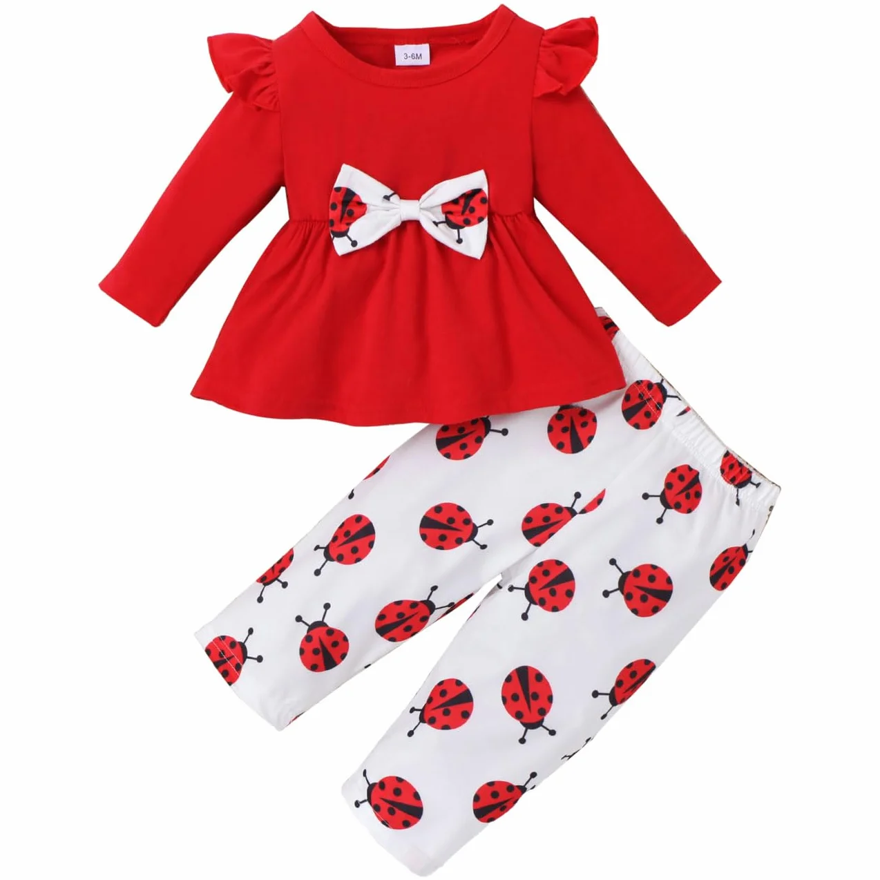 Ubranie dla dziewczynek, biedronka, top z długim rękawem, z węzłami kokardkowymi + spodnie, zestaw 2 sztuk, t-shirty z długim rękawem, spodnie, zestaw odzieży, odzież dla niemowląt, kolor