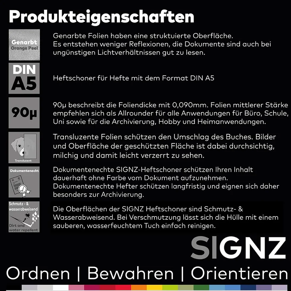 SIGNZ Ochraniacz na zeszyty DIN A5, 10 sztuk, pionowy, przezroczysty, mocny 90 my (0,09 mm), neutralny pod względem emisji CO2, wyprodukowany w Niemczech