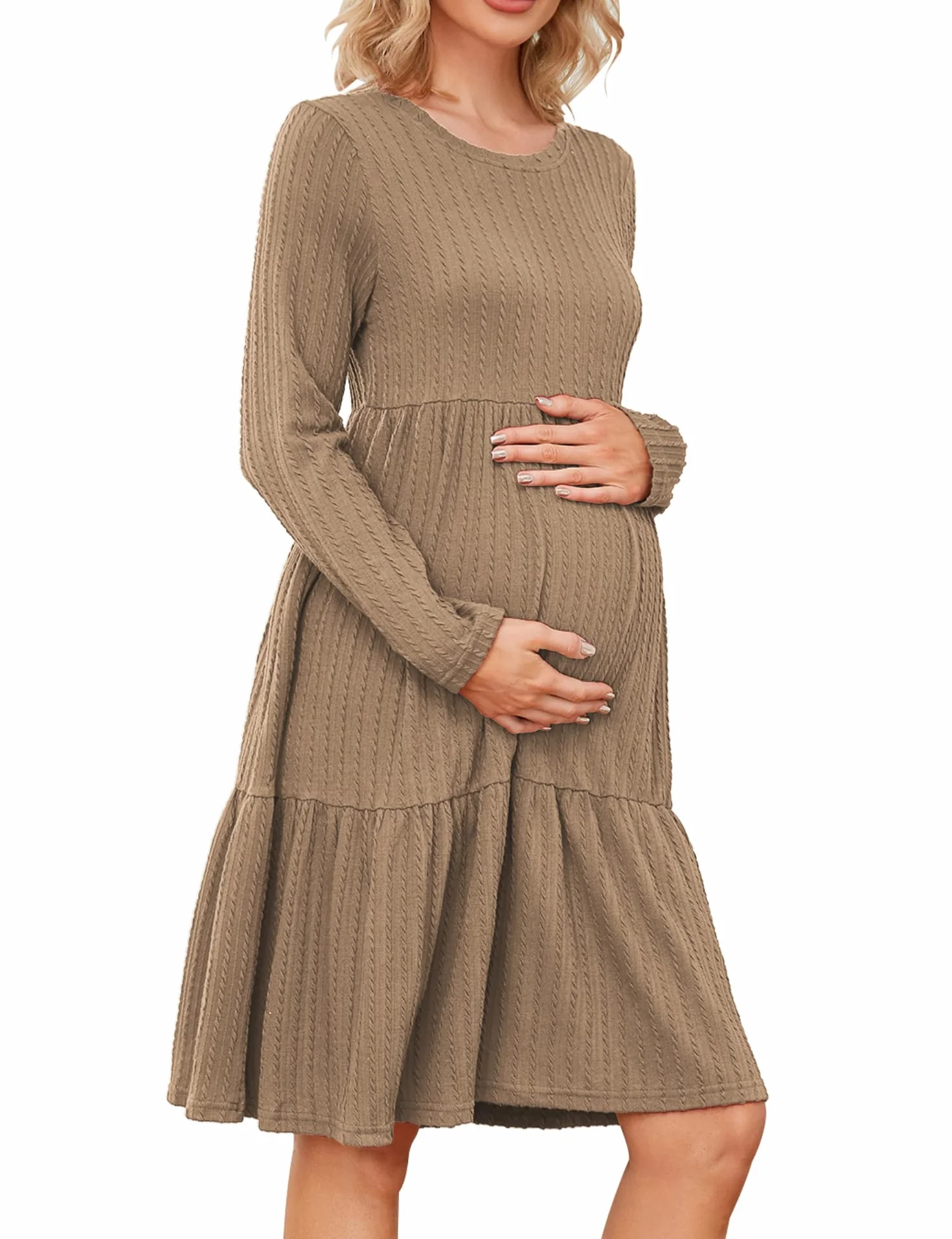 MAVIS LAVEN Damska sukienka ciążowa, prążkowana, okrągły dekolt, rozciągliwa sukienka ciążowa na sesję zdjęciową, baby shower