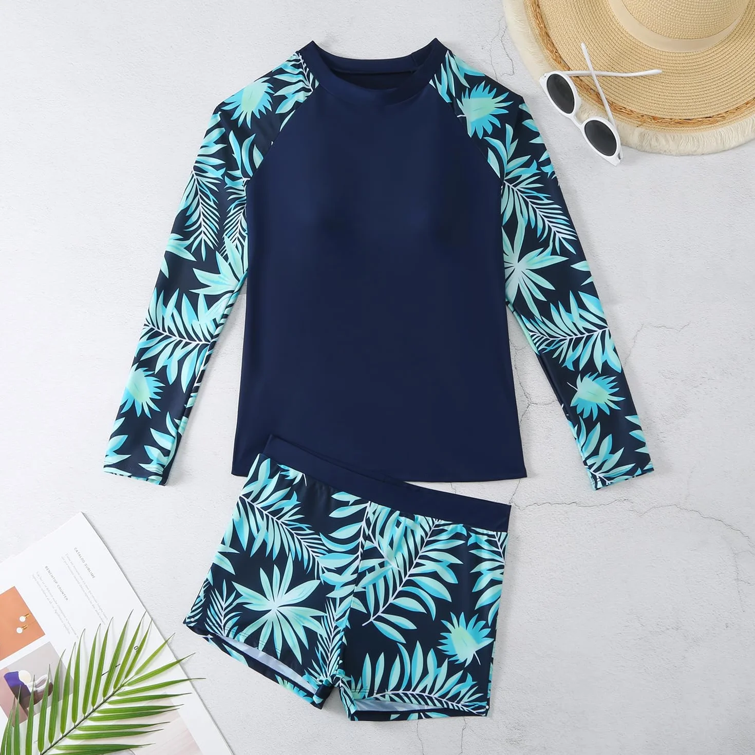 Owntop Kobiety Rash Guard | Stroje kąpielowe z długim rękawem dwuczęściowe z wysokim stanem Boyshort Bottom | Koszulka do pływania chroniąca przed słońcem
