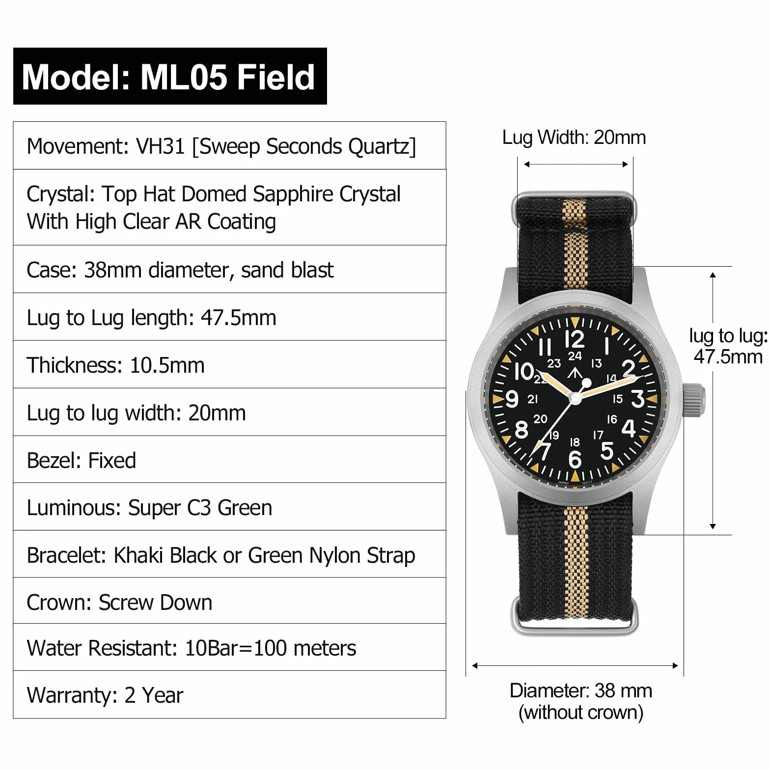 Militado ML05 ML05B 38 mm zegar polowy w stylu vintage, VH31 cichy sekundnik / 515 / Miyota Super 2035, zakrzywione szkło szafirowe z powłoką AR, super masa świetlna C3, wodoszczelność 100 m