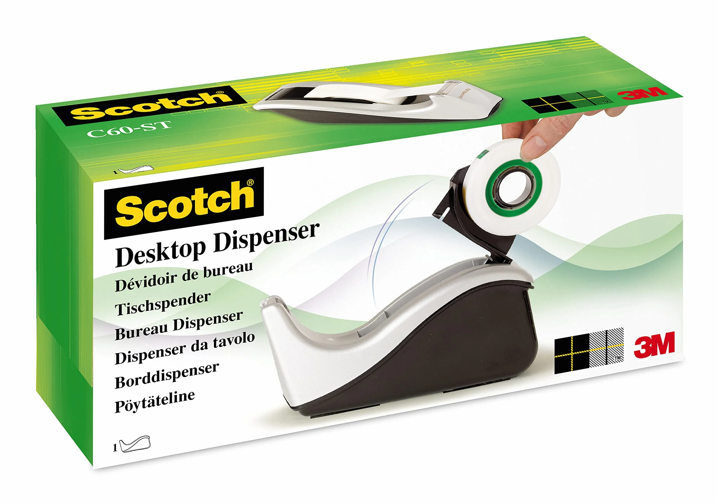 Scotch Dozownik taśmy w kolorze srebrnym z 1 rolką taśmy Scotch Magic Tape 19 mm x 33 m - idealny do szkoły, domu i biura