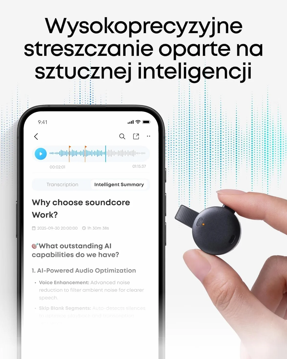 Przenośny dyktafon soundcore Work Anker, wyposażony w funkcję sporządzania notatek, 8 GB pamięci masowej, transkrypcji i streszczania tekstu za pomocą sztucznej inteligencji, certyfikat MFi