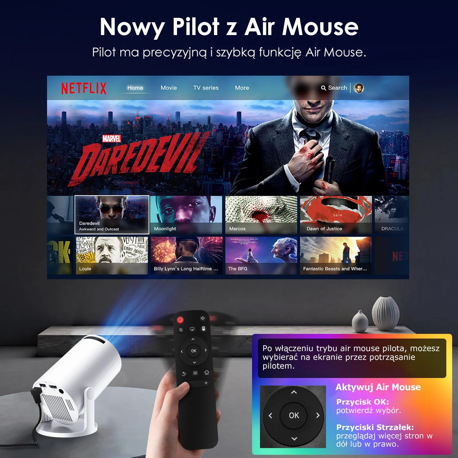Wbudowane aplikacje i Android 11.0: przenośny projektor WOLFANG 20000 luksów 4K obsługiwany obrót o 180° i automatyczny keystone, kompatybilny z TV Stick/Windows/iOS/Android/HDMI/USB (1080P)