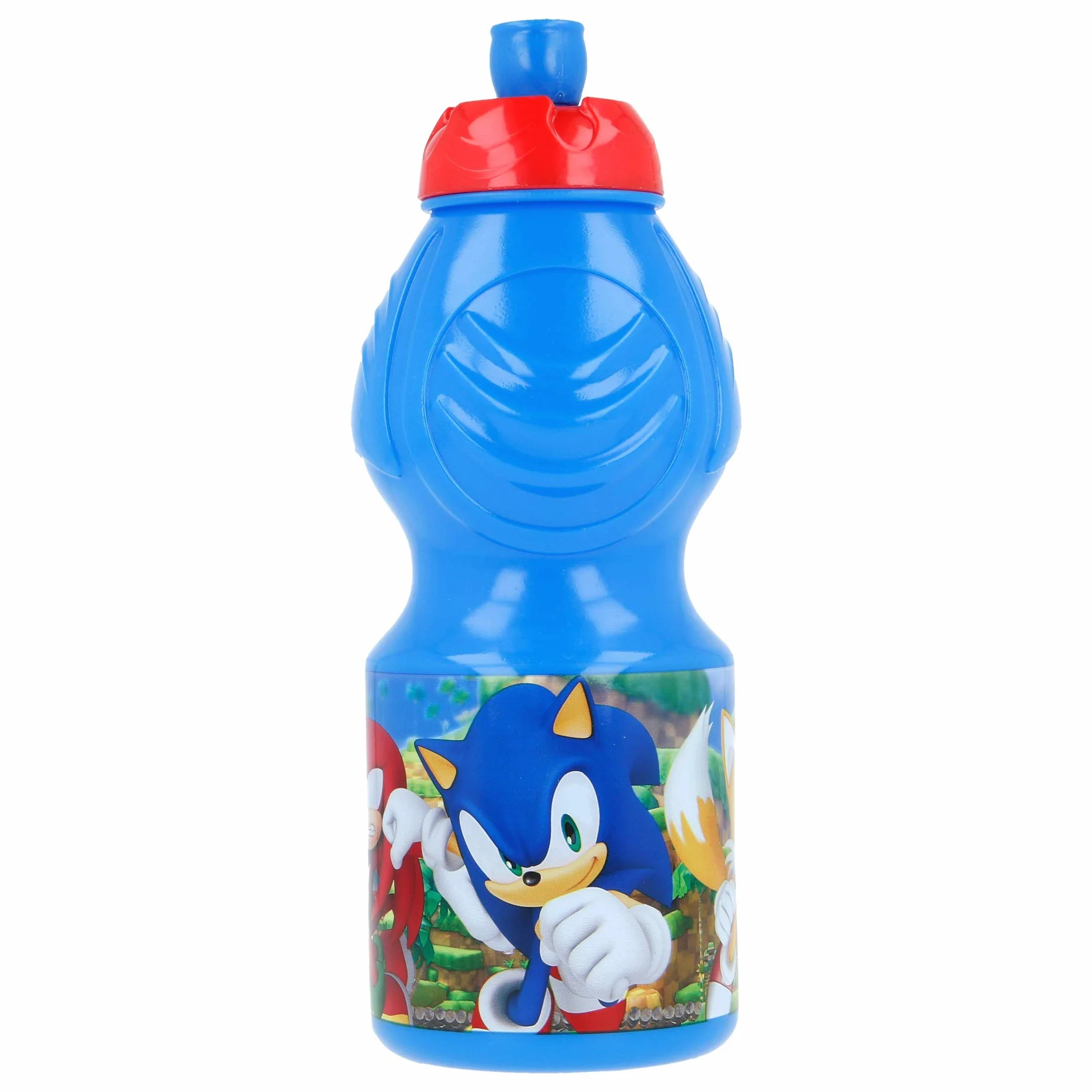 Stor Oryginalna plastikowa butelka Sega Sonic dla dzieci 400 ml bez BPA i nasadki ociekowej, antypoślizgowej opaski i ergonomicznego kształtu.