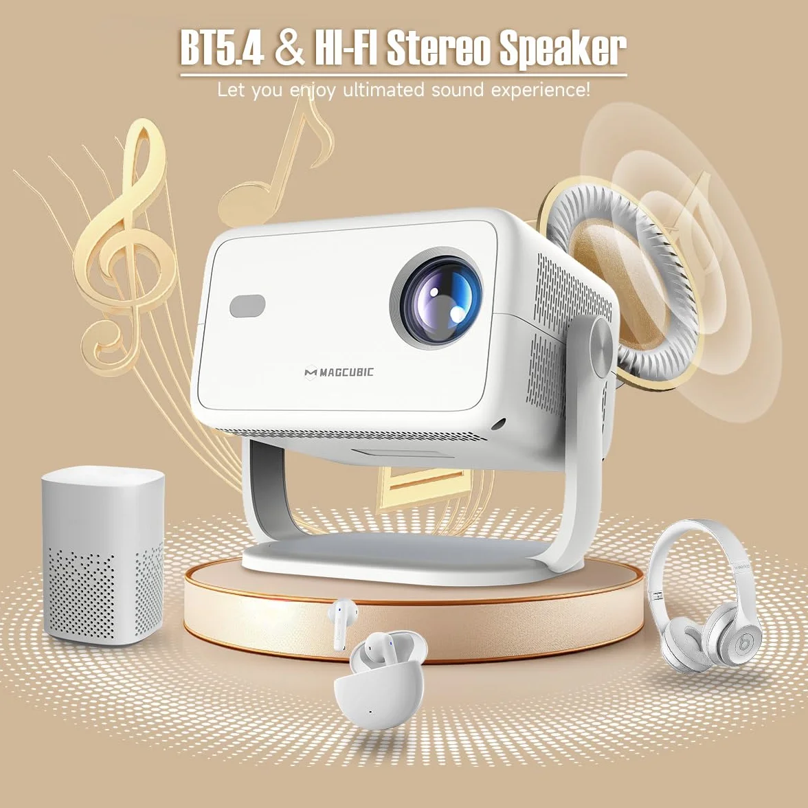Magcubic Mini Smart Beamer 4K 1080p Supported, przenośny projektor z systemem WiFi 6 Bluetooth 5.4, autofokus HY350 max 12 W, obracany o 180°, inteligentny projektor, kino domowe (Biały)