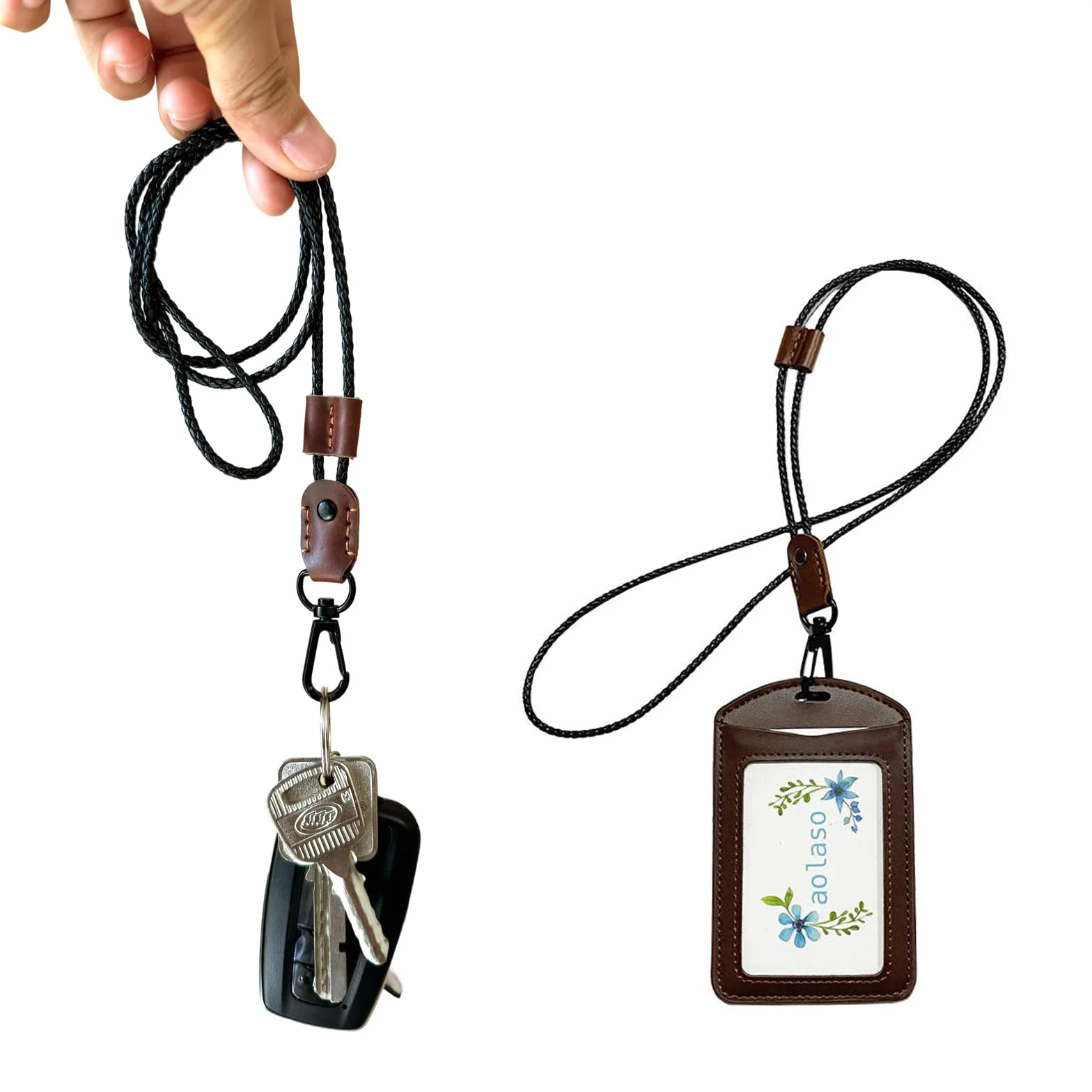 Regulowana smycz na szyję, skórzane smycze Aolaso z mocnym metalowym klipsem na identyfikator, uchwyt na kartę / telefon komórkowy / mini notebook / smycz na klucze dla kobiet i mężczyzn (ciemnobrązowa)