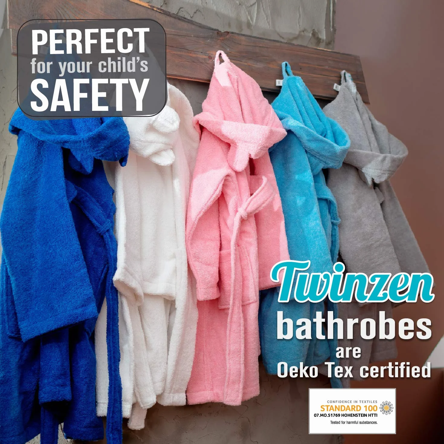 Twinzen - bawełniane dziecko szlafrok dla dziewczynki i chłopca - 100% Oeko-Tex® Bawełna Brak chemikaliów- 2 kieszenie, pas, kaptur z uszami