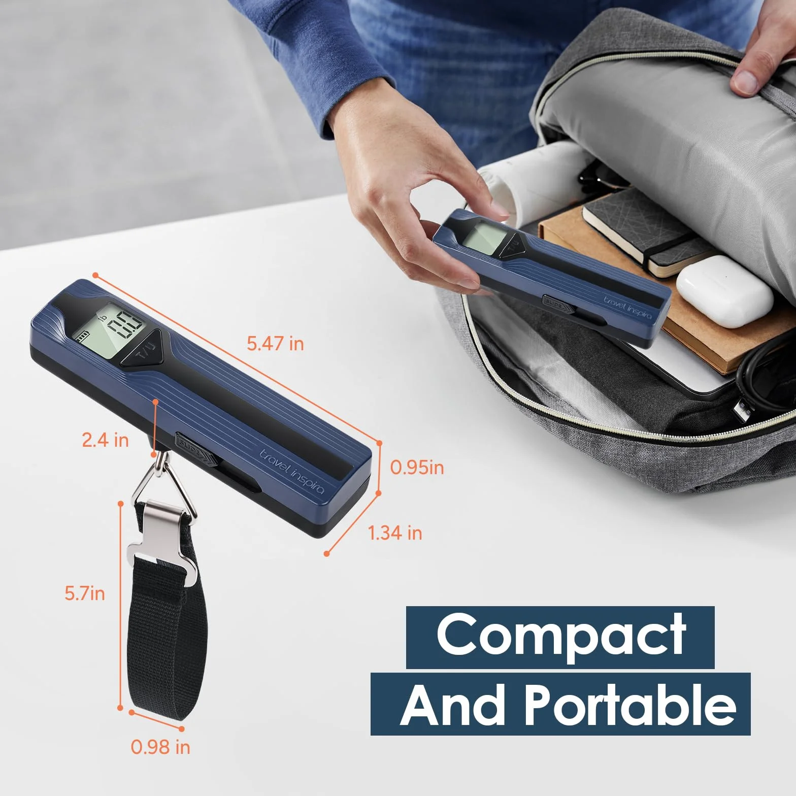 travel inspira Waga podróżna bez baterii, cyfrowa waga podróżna z wyświetlaczem LCD, waga bagażowa do 50 kg/110 lb, cyfrowa waga bagażowa z haczykiem, tara, automatyczne wyłączanie, do podróży i