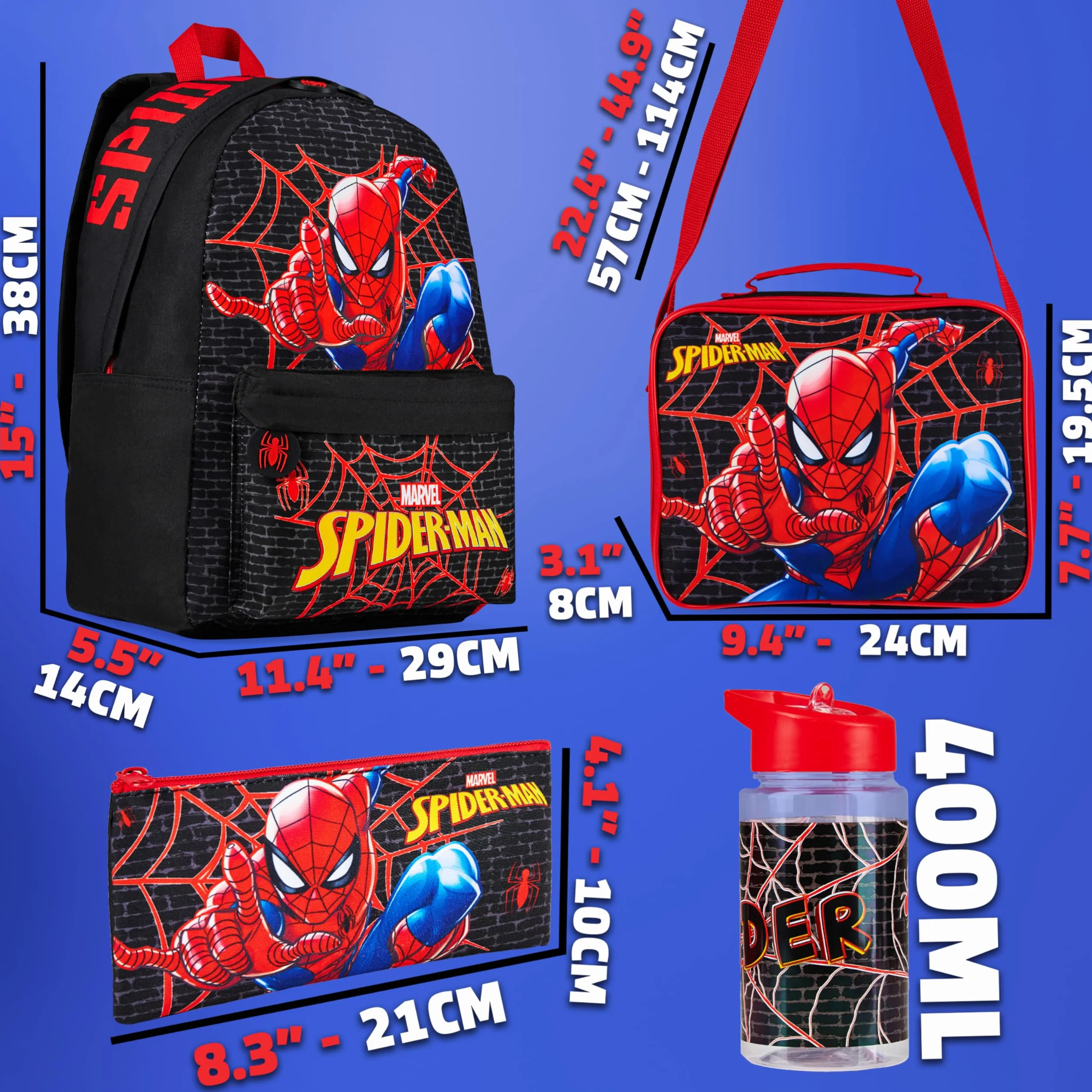 Marvel Spiderman plecak zestaw 4 szt. butelka na wodę dla dzieci 400 ml piórnik izolowana torba na lunch nastolatki przybory szkolne podróż wakacje