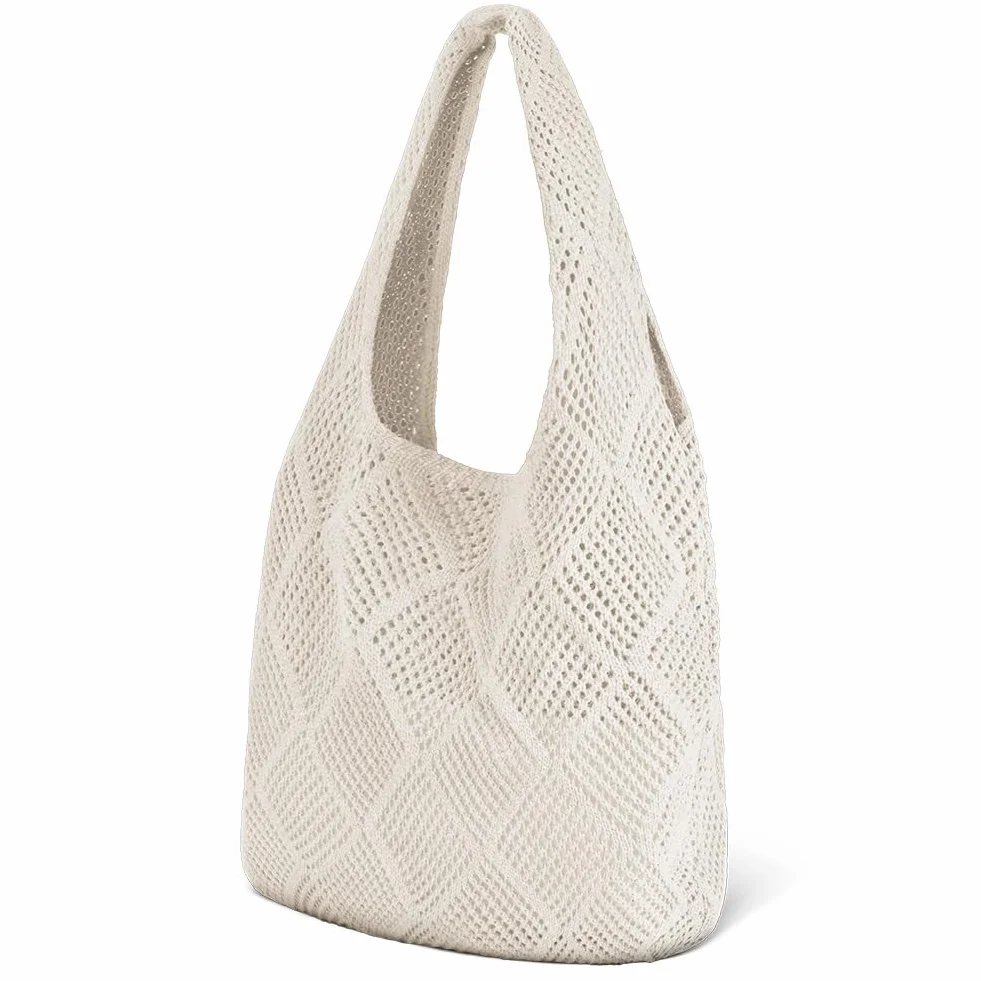 Aucuu Damskie torebki z dzianiny, retro ażurowe plecione torby na ramię, torba na ramię boho, szydełkowa siatkowa torba typu tote, torba plażowa dla kobiet, torba podróżna do zakupów na wakacje