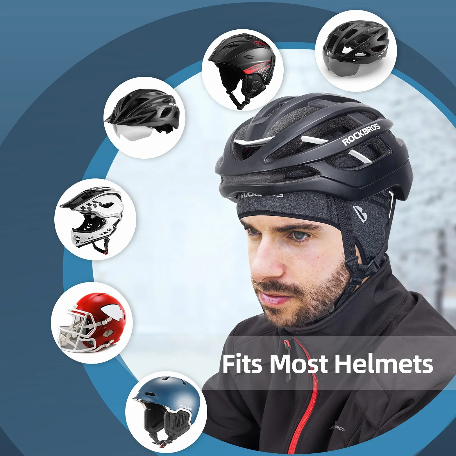 ROCKBROS Czapka Rowerowa, Czapka na Kask, Zimowa, Wiatroszczelna, z Otworami na Okulary, Ciepła Czapka na Rower na Świeżym Powietrzu, Jazdy na Rowerze, Jazdy na Nartach, Biegania, Unisex, Czarna Szara