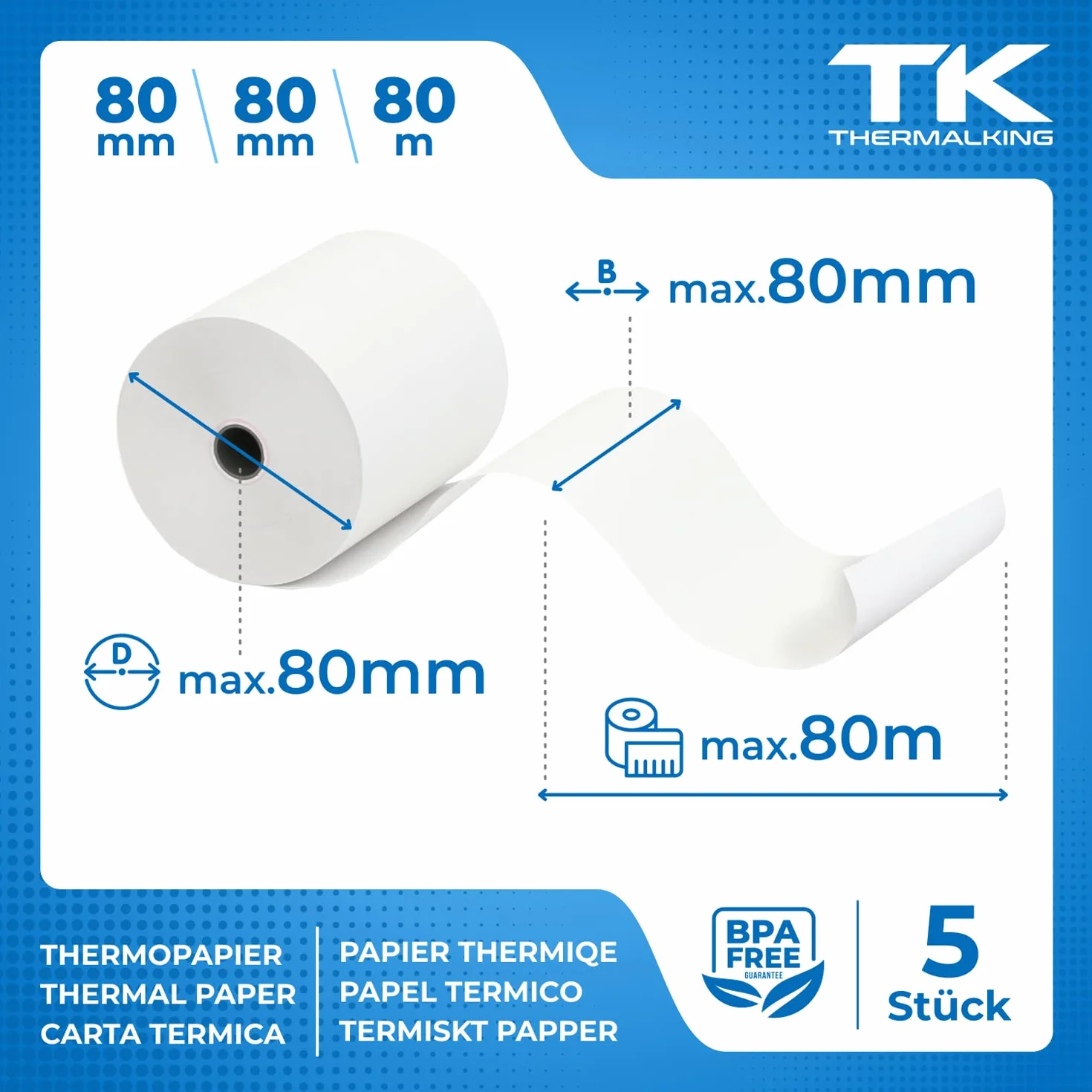 THERMALKING Podatkowa skrzynka termiczna 80 x 80 cm [bez BPA] - Rolka do drukarki kasy fiskalnej 80 mm x 80 m x 12 mm - rolki papieru termicznego 80 x 80 x 12 - [5 x ]