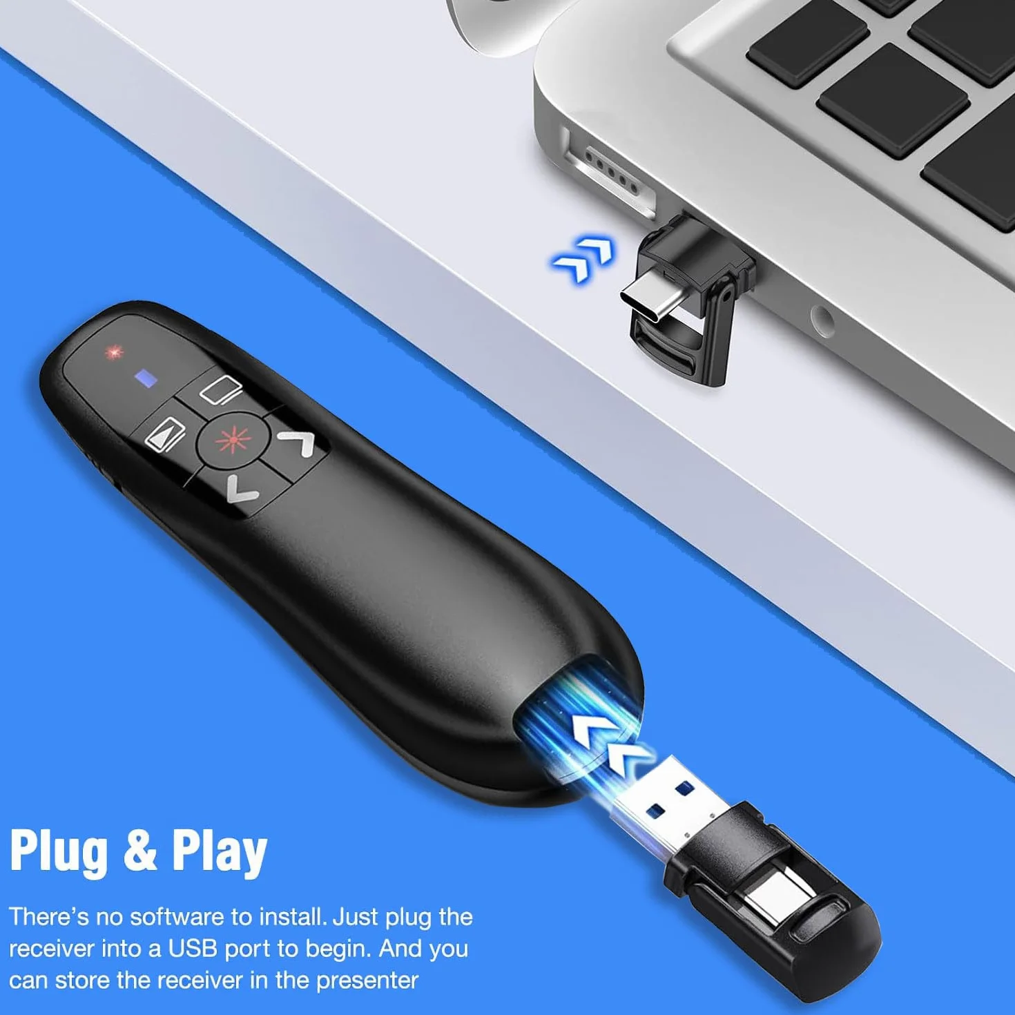 2 w 1 USB typu C Prezentacja Clicker do prezentacji PowerPoint, 2,4 GHz ładowalny bezprzewodowy prezentator pilot prezentacyjny wskaźnik slajdów Advancer PPT Clicker do komputera Mac laptopa
