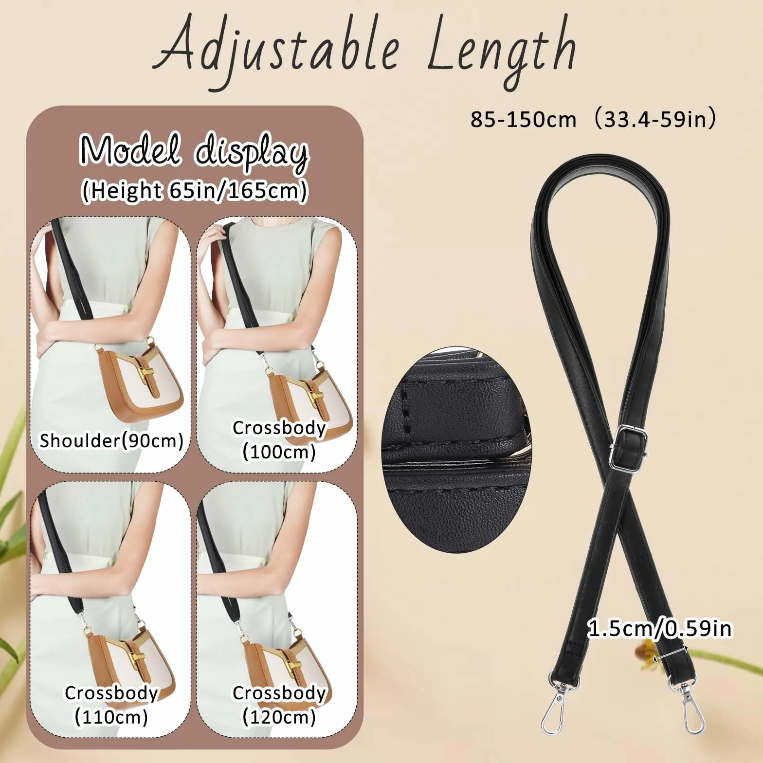 Regulowany pasek na ramię do torebek Czarny Pasek na ramię 85-150 cm Pasek do torebki na ramię Skórzany pasek do portfela Długi pasek na ramię do torebek i torebek ręcznych (Srebrna klamra)