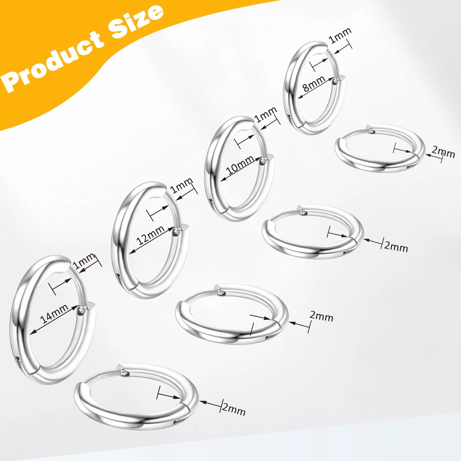 Zestaw 4 par kolczyków kółek ze stali chirurgicznej 316L dla mężczyzn i kobiet – 8 mm, 10 mm, 12 mm, 14 mm – srebrny