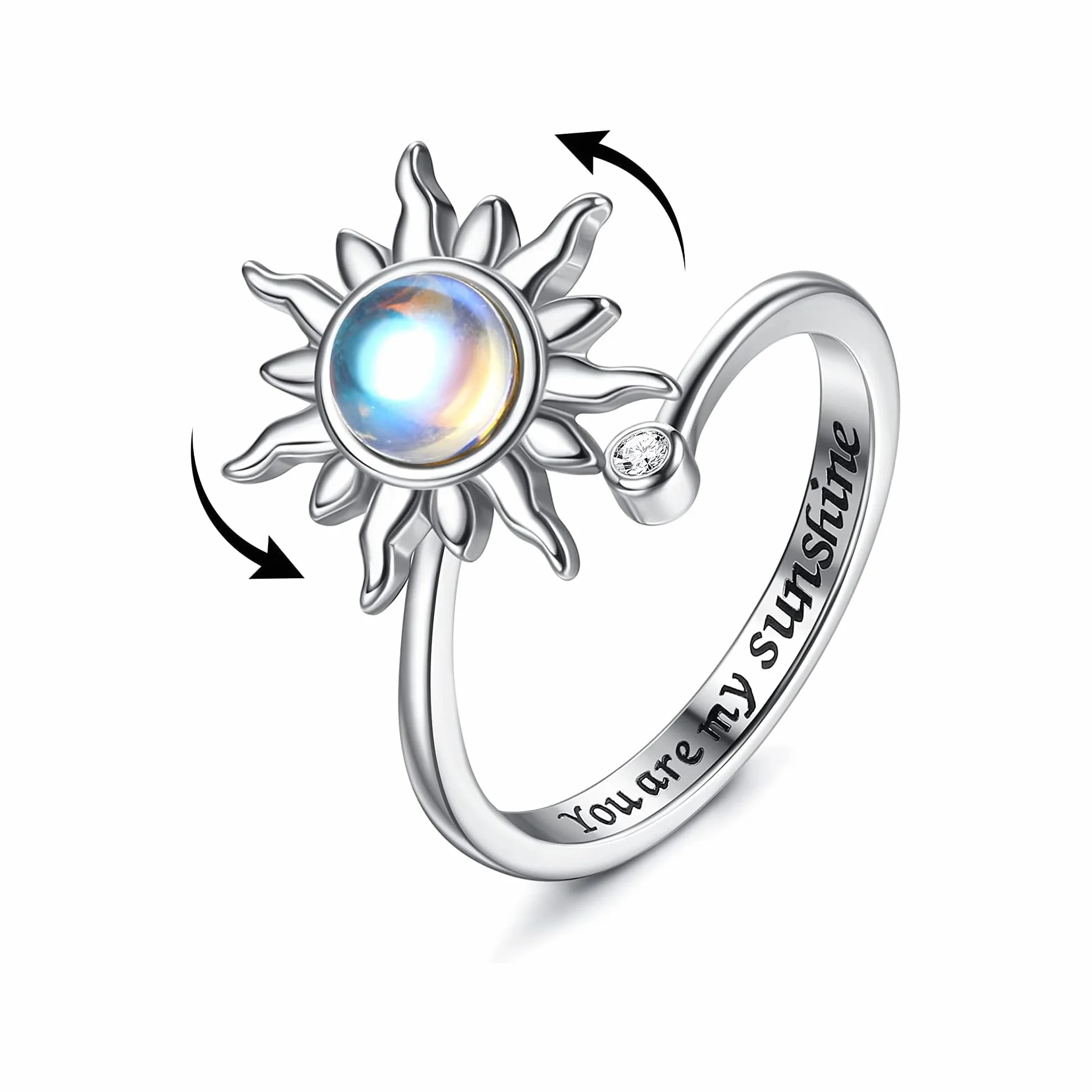 MILACOLATO Fidget pierścionek dla kobiet, dzieci, dziewcząt, pierścienie lękowe, otwarte, regulowane, srebrny, słonecznik, opal, kamień księżycowy, gwiazda, księżyc, śnieg, lotos, spinner, nastrojowe