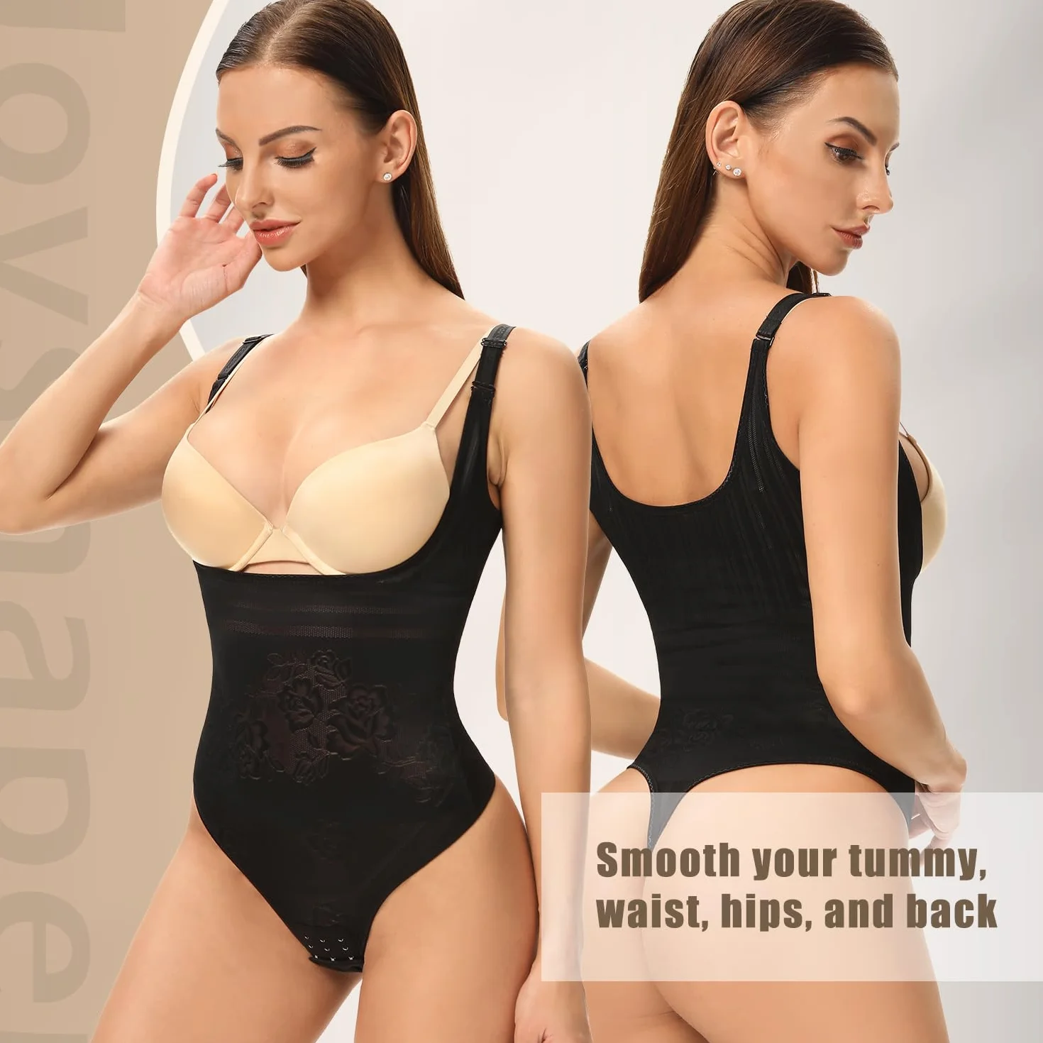 Joyshaper Figurformujący Body Damski Tanga Mocno Wyciągające Talię Formujące Body Bielizna z Haftkami Modelujący Bodysuit, czarny (schwarz-1), M