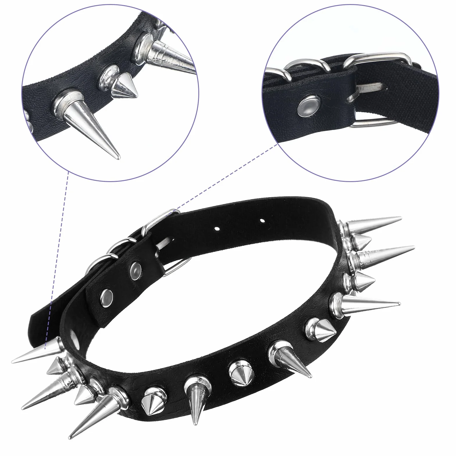 Długi gotycki choker, kolczasty kołnierz, skórzany naszyjnik, koltwisty krawędź, koczki, klasyczny styl 80. 90., biżuteria emo punk