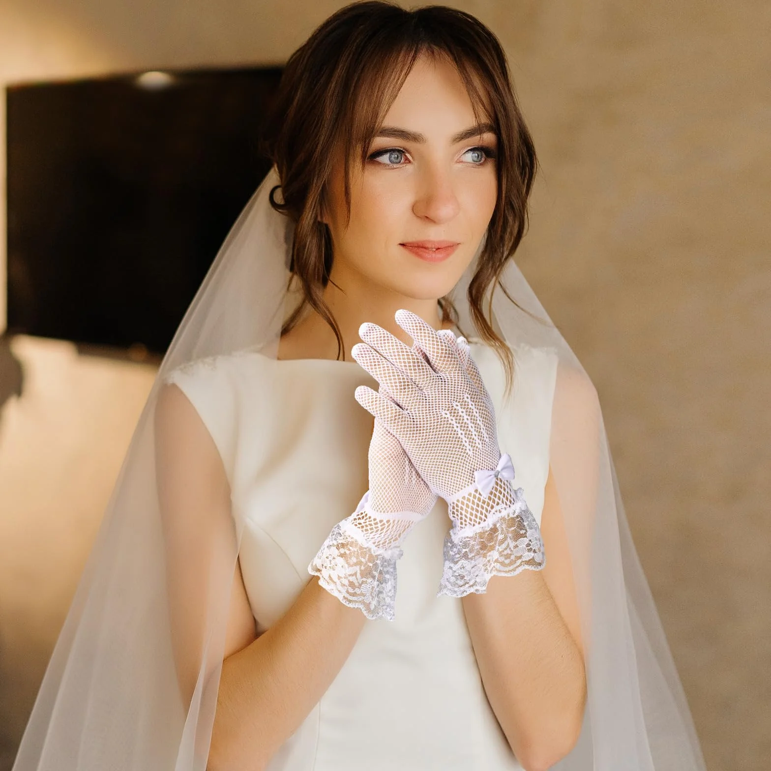 Giantree Damskie koronkowe rękawiczki, eleganckie krótkie koronkowe rękawiczki na wesele, kolację, przyjęcie, tea party, cosplay, operę, wieczorne przyjęcie, akcesoria kostiumowe, Biały/bogaty ogród