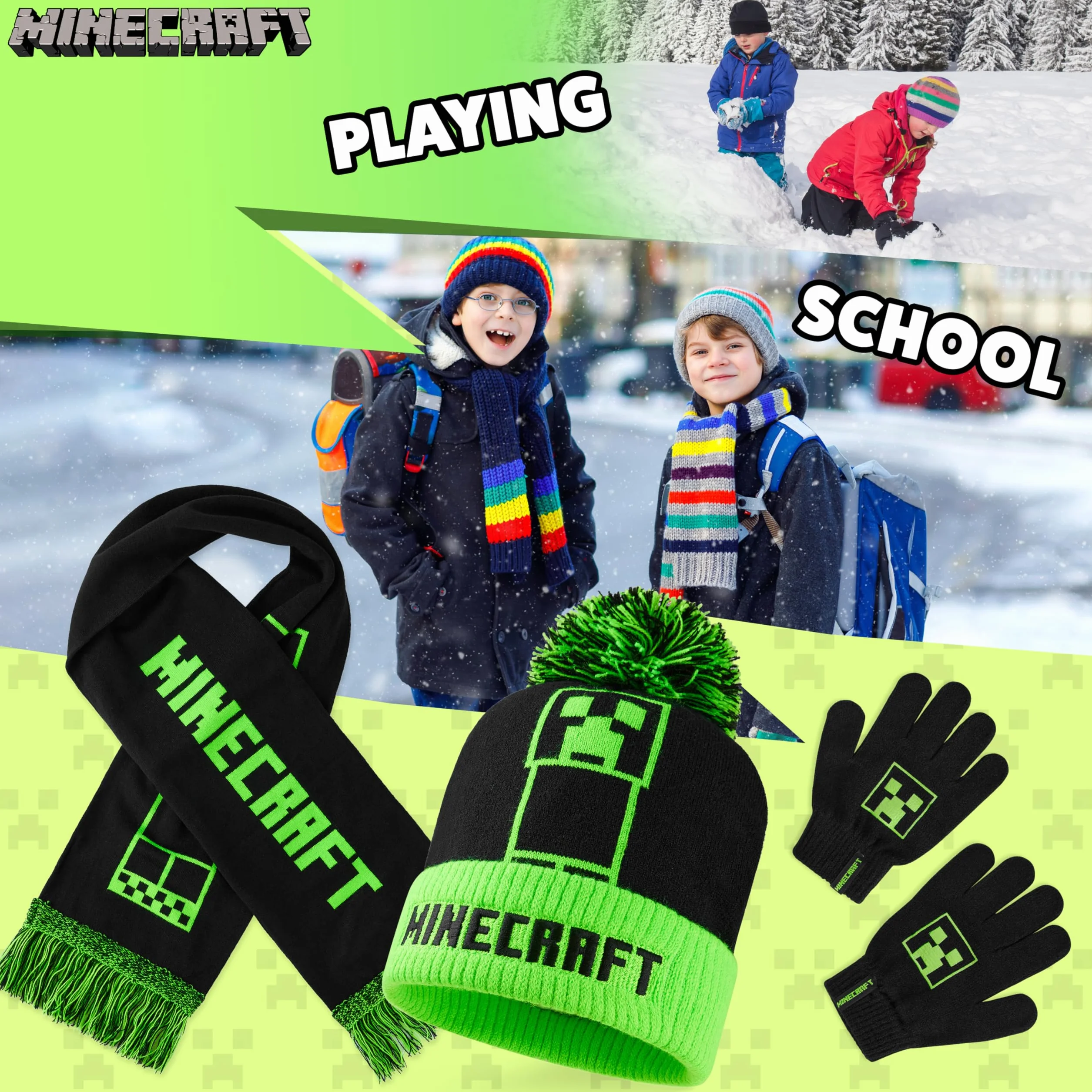 Minecraft Chłopcy Zestrynowy zestaw dzianin Junior Zielony czarny