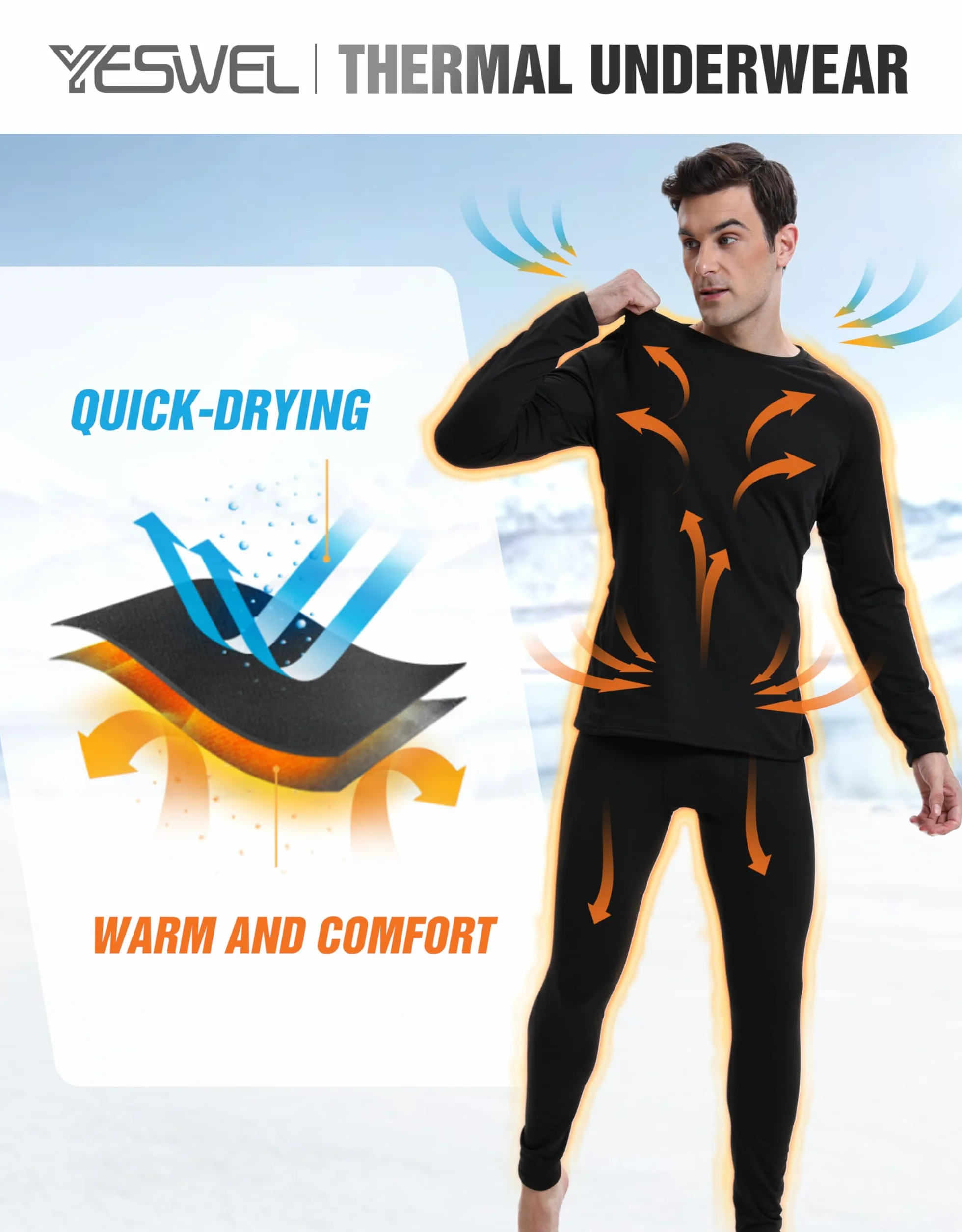 YESWEL Męska Bielizna Termoizolacyjna, Funkcjonalna Bielizna z Fleece wewnętrznym, Bielizna Narciarska na Zimowe Aktywności na Świeżym Powietrzu (M-2XL)