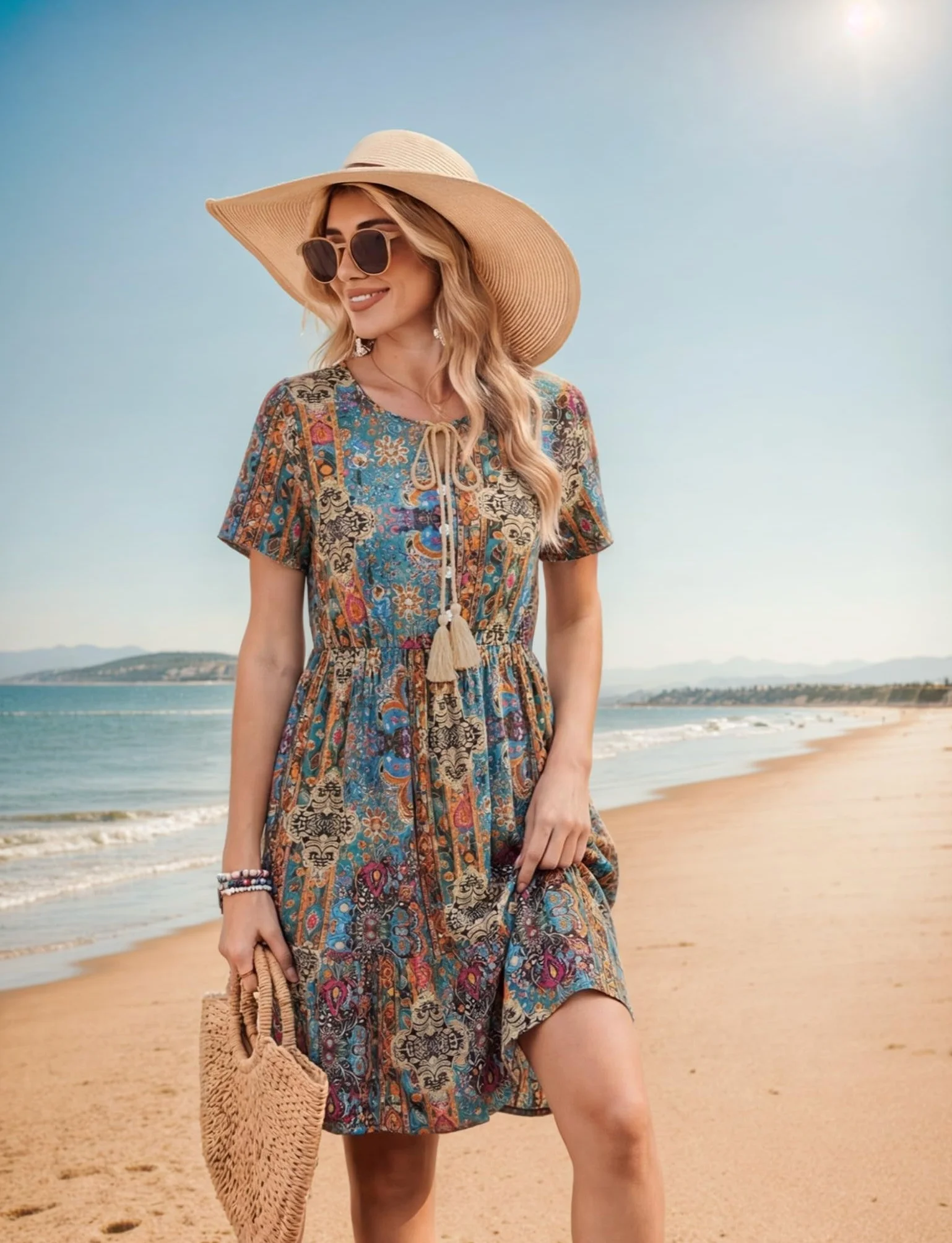 Zeagoo Letnia sukienka damska w stylu boho, sukienka plażowa, dekolt w serek, krótki rękaw, sukienka o linii A, lekka i przewiewna, do kolan, sukienka tunikowa, elegancka sukienka w stylu vintage
