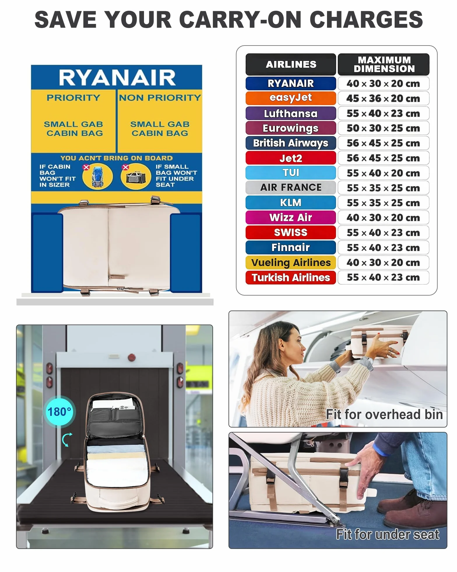 SZLX Ryanair duży plecak podróżny, bagaż podręczny, 40 x 20 x 25, bagaż podręczny pod siedzeniem, Easyjet, torba podręczna, plecak na laptopa, do samolotu, torba podręczna, plecak na laptopa, do 14