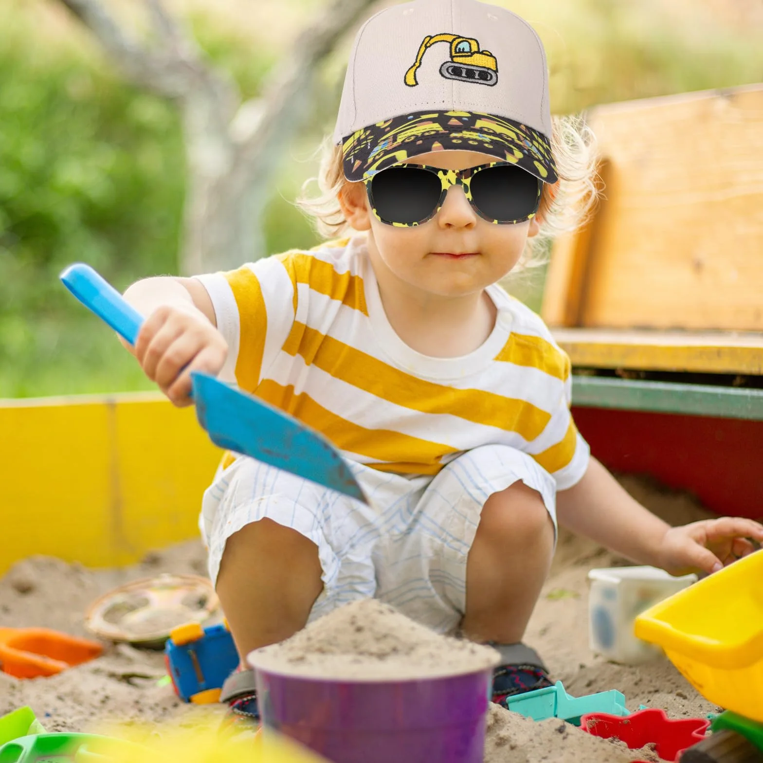 Czapka dziecięca i okulary przeciwsłoneczne, bawełniana regulowana czapka z daszkiem, letnia czapka koparka okulary przeciwsłoneczne z ochroną UV dla dzieci kapelusz plażowy z daszkiem, Biały,, 2-8