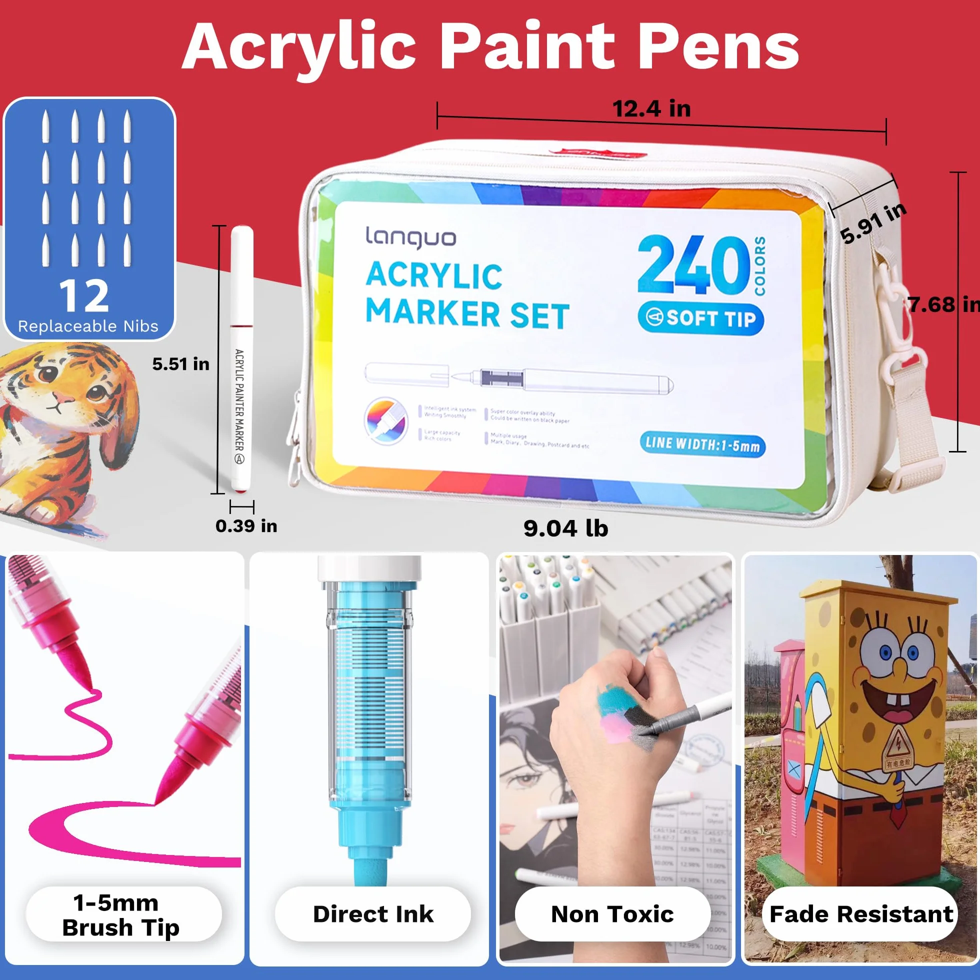 240 kolorów akrylowych markerów malarskich, pastelowa końcówka pędzla, permanentne markery artystyczne, zestaw dla dorosłych artystów, akrylowe pisaki z torbą do przenoszenia, do tkanin