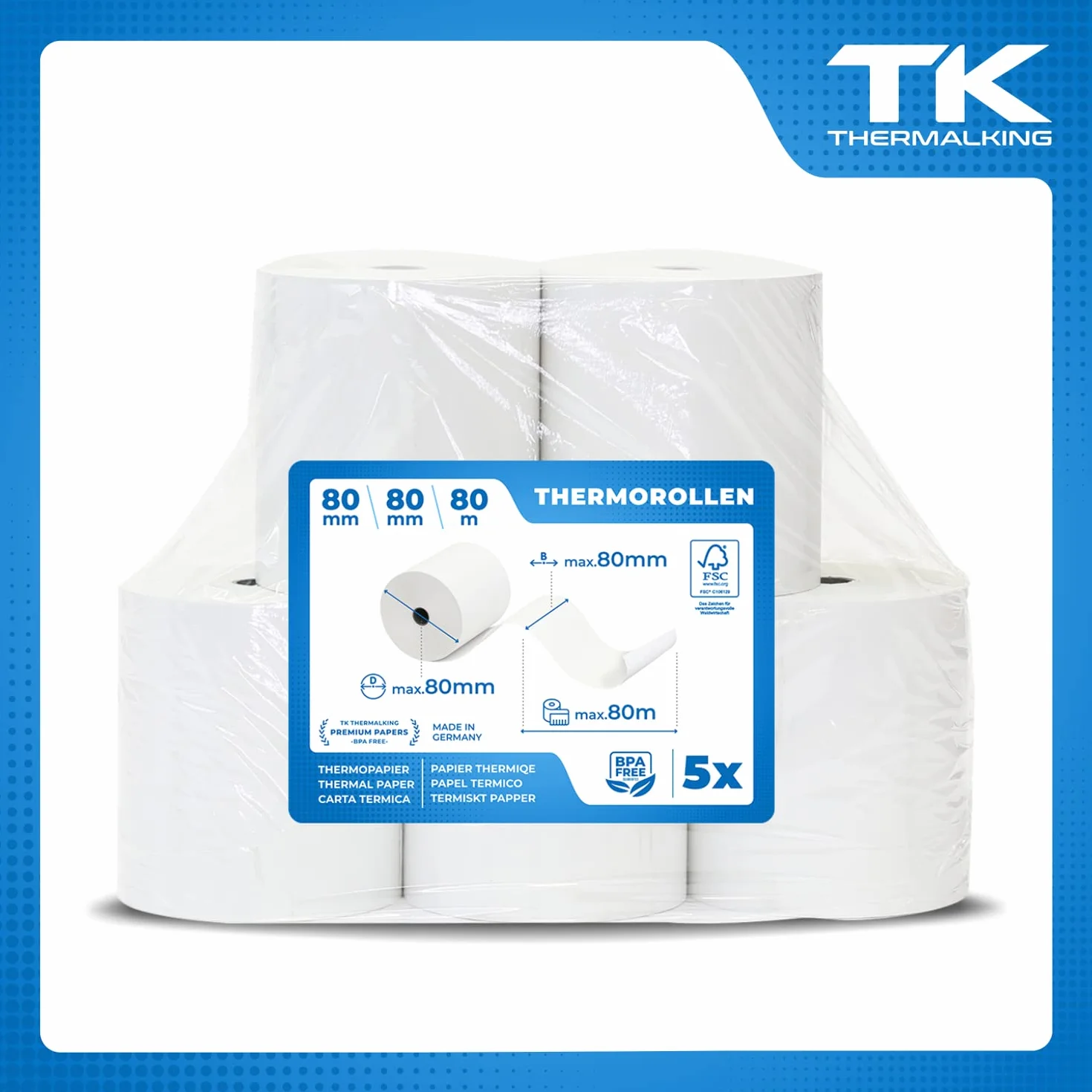 THERMALKING Podatkowa skrzynka termiczna 80 x 80 cm [bez BPA] - Rolka do drukarki kasy fiskalnej 80 mm x 80 m x 12 mm - rolki papieru termicznego 80 x 80 x 12 - [5 x ]
