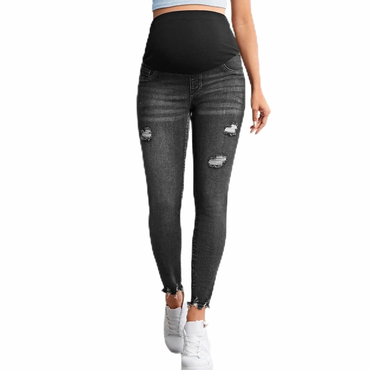 Dżinsy ciążowe z wysokim stanem modne perforowane dżinsy top up slim fit majtki ciążowe obcisłe spodnie