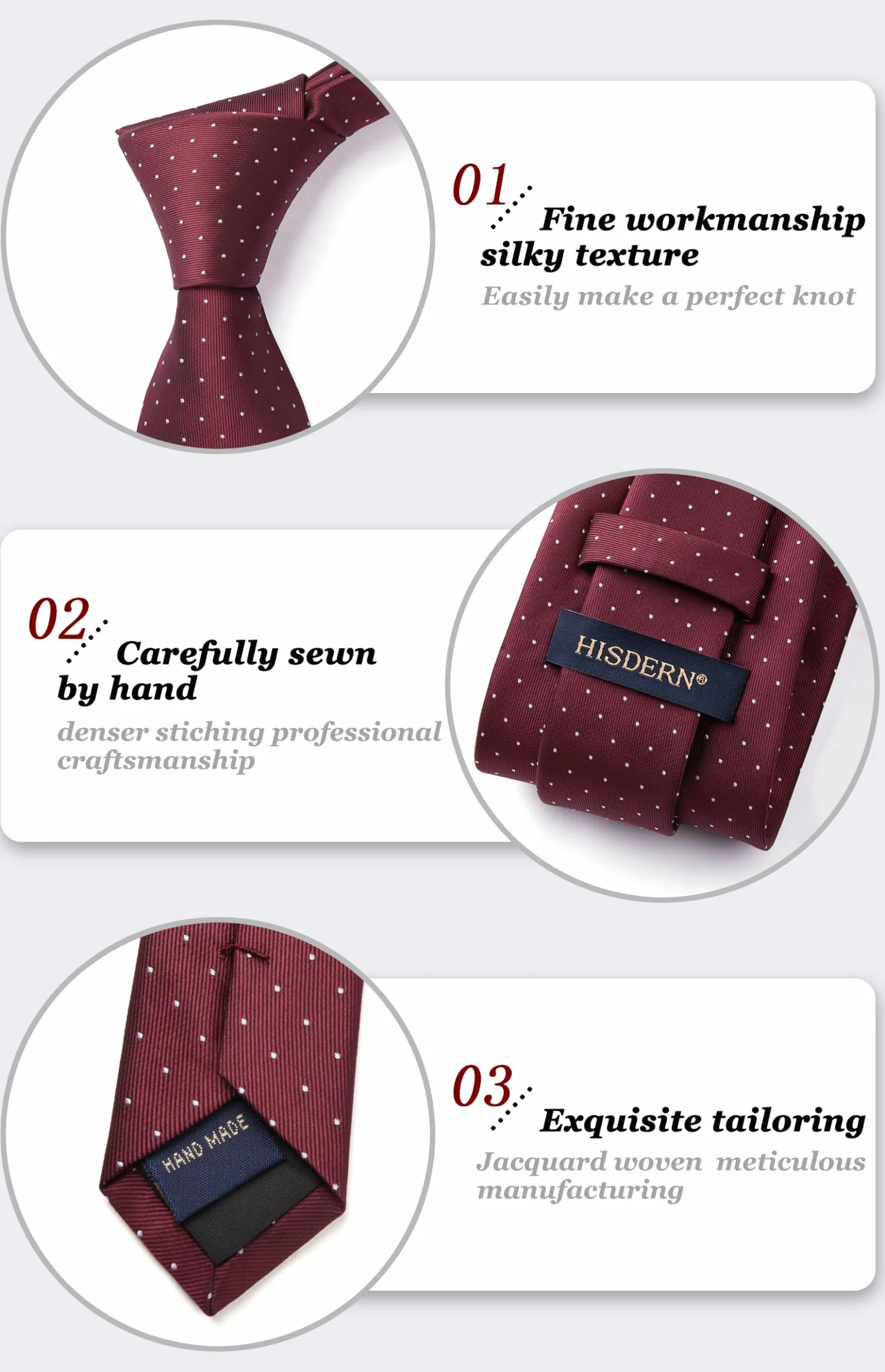 HISDERN Krawaty w kropki dla mężczyzn krawat ślubny chusteczka formalny krawat biznesowy i kieszonkowy kwadratowy zestaw, A burgundy, Rozmiar uniwersalny