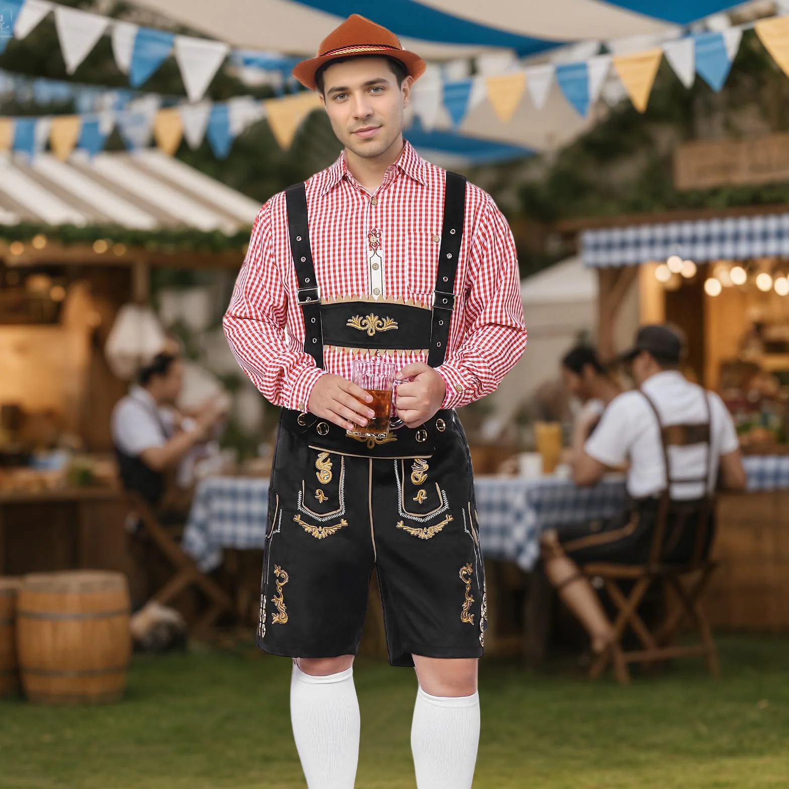 Strój męski na Oktoberfest, bawarski tradycyjny strój męski na Oktoberfest z tradycyjnymi skórzanymi spodniami, kapeluszem i skarpetkami na karnawałową imprezę cosplay (Czarny, L)