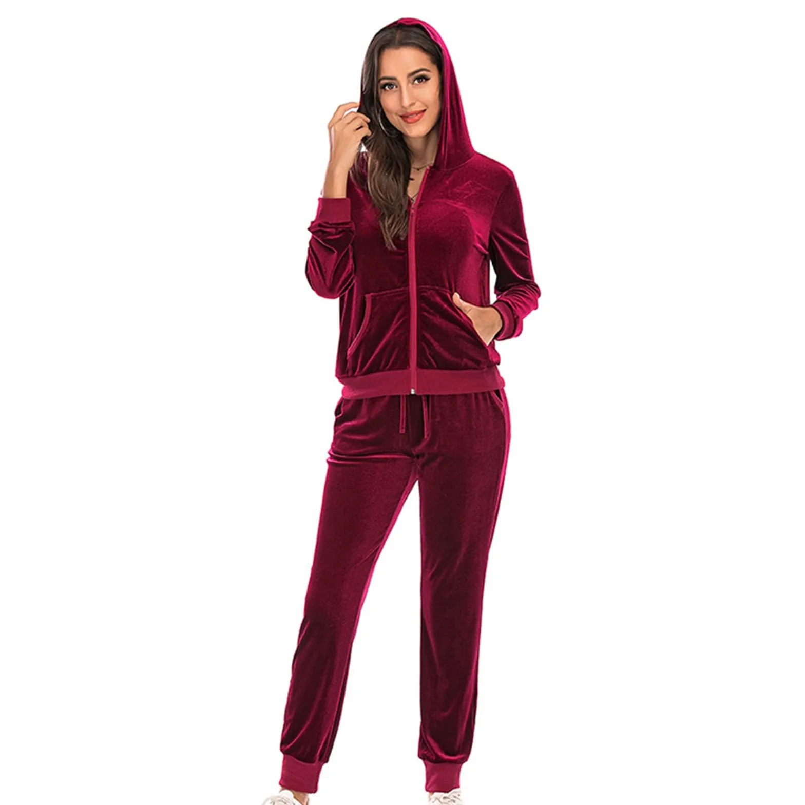 Generisch Damski dres do joggingu, 2-częściowy, złoty aksamit, zestaw do joggingu, sportowy dres fitness, dwuczęściowy strój rekreacyjny, jednokolorowy, elegancki dres sportowy z długim rękawem