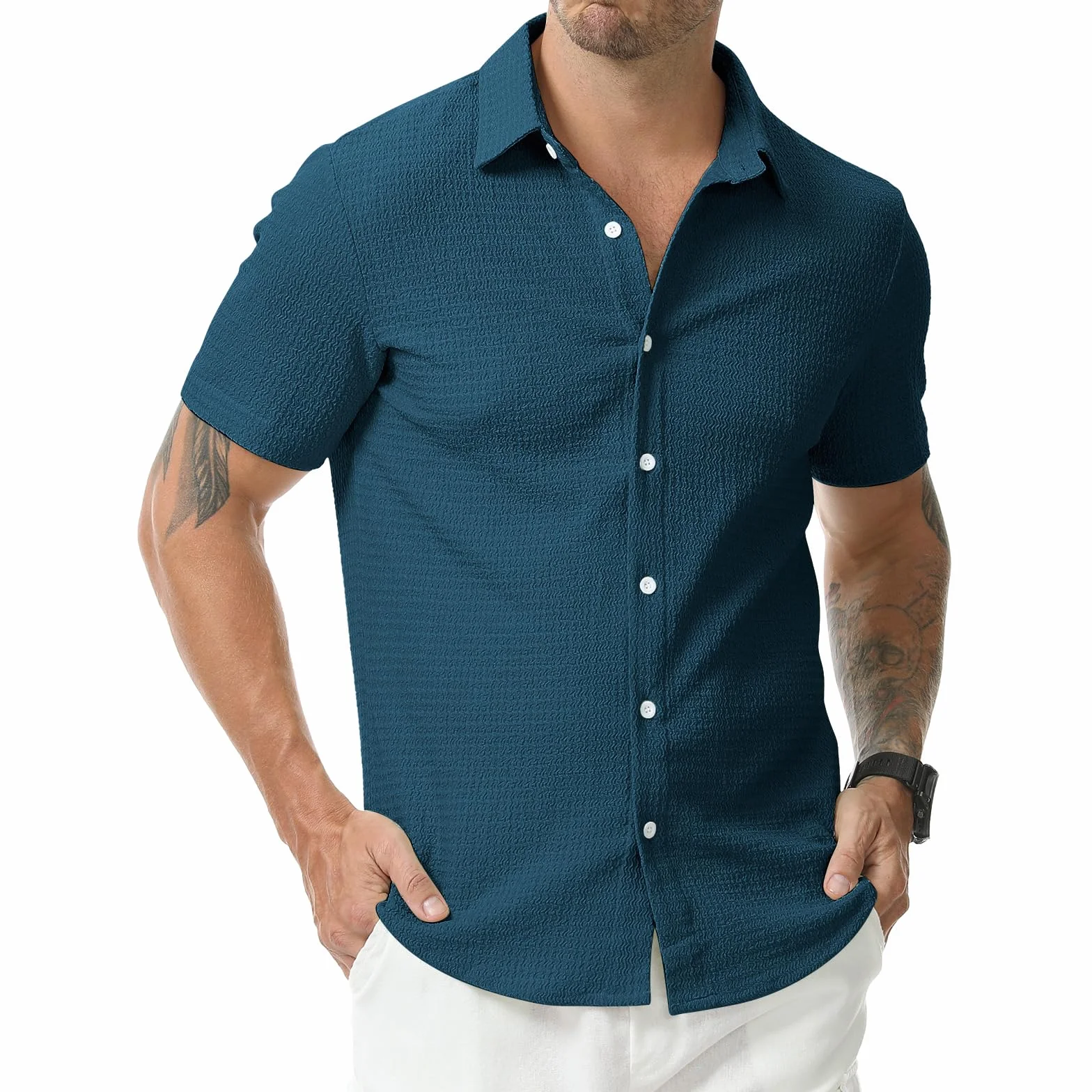 Męska koszula z krótkim rękawem na co dzień Henley letnie koszule plażowe Regular Fit