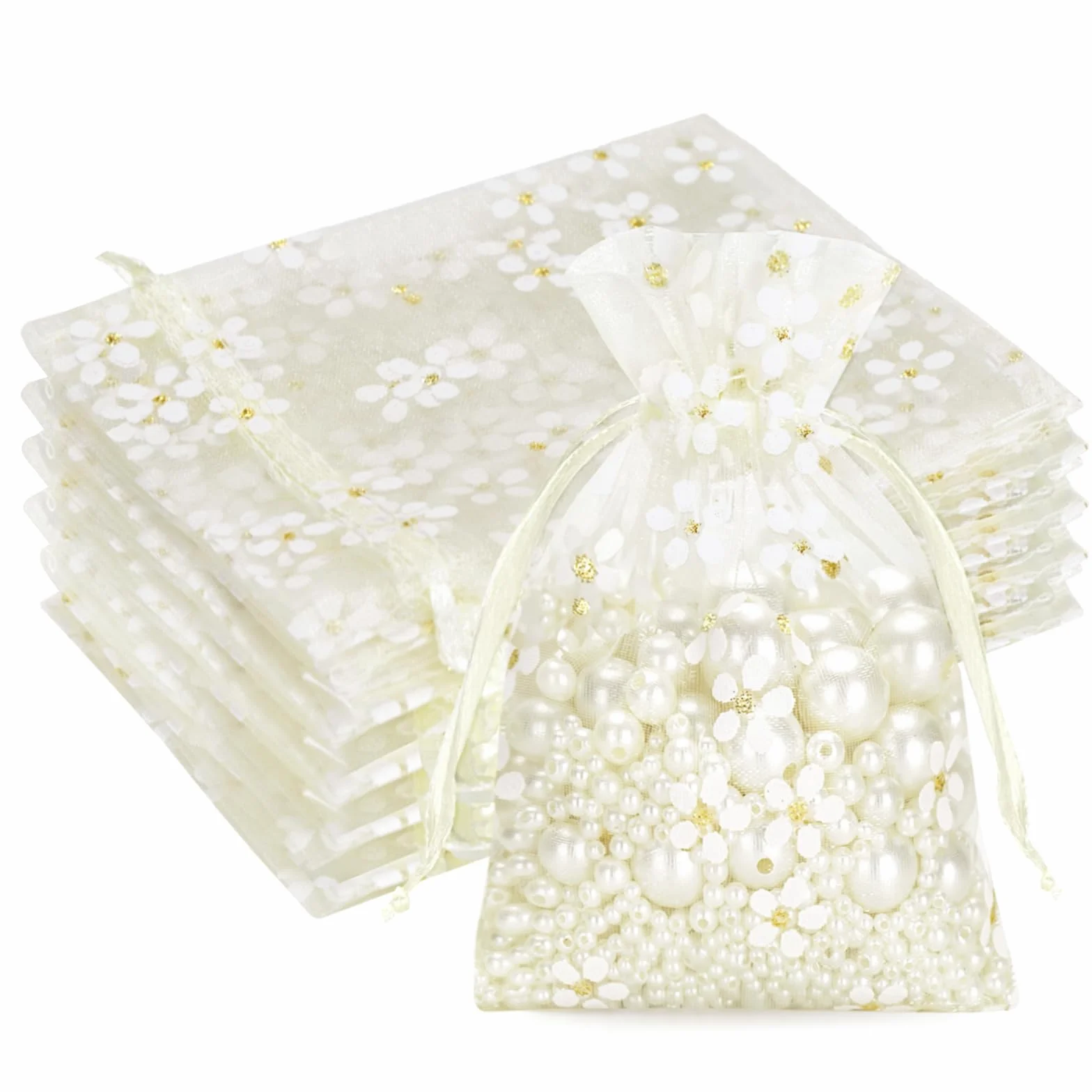 G2PLUS Beżowa torebka z organzy ze stokrotkami: Woreczek z organzy 10 x 12 cm, 30 sztuk torba na biżuterię idealna na drażetki, wesela, chrzciny i urodziny