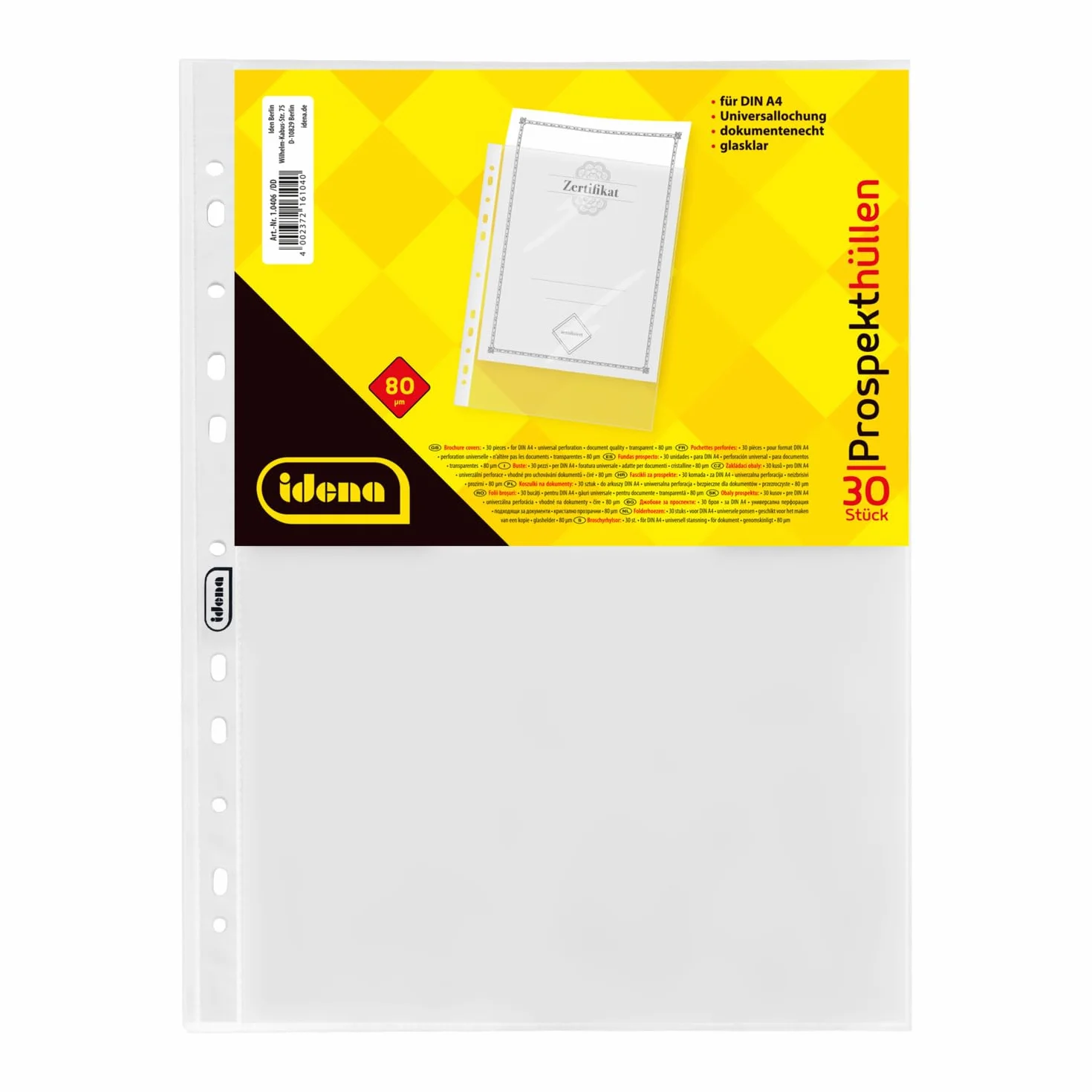 Idena 10406 - Tuleja broszurowa format DIN A4, krystalicznie czysta, 80µ, 30 szt.