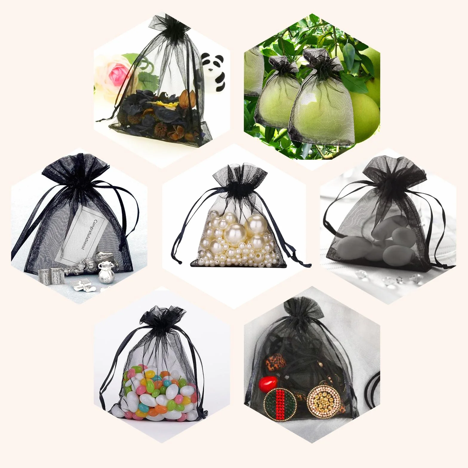 jijAcraft Woreczki z organzy ślubne czarne woreczki z organzy 10 x 15 cm, 50 sztuk ze sznurkiem, na słodycze, na biżuterię, torebki na prezenty weselne