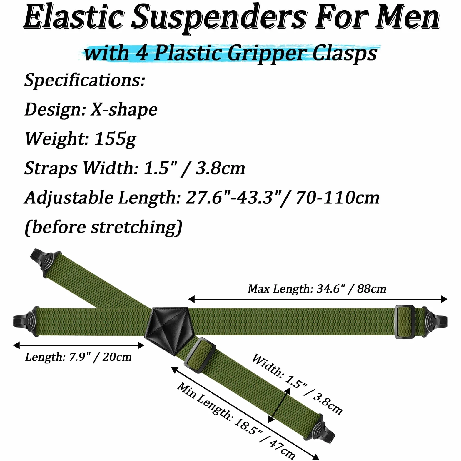 Suspenders for Men Heavy Duty 1,6 cala Wide Airport Friendly Hidden Suspenders with 4 Plastic Gripper Clasps Adjustable Elastic Braces for Casual Work X-Back ciemnozielone