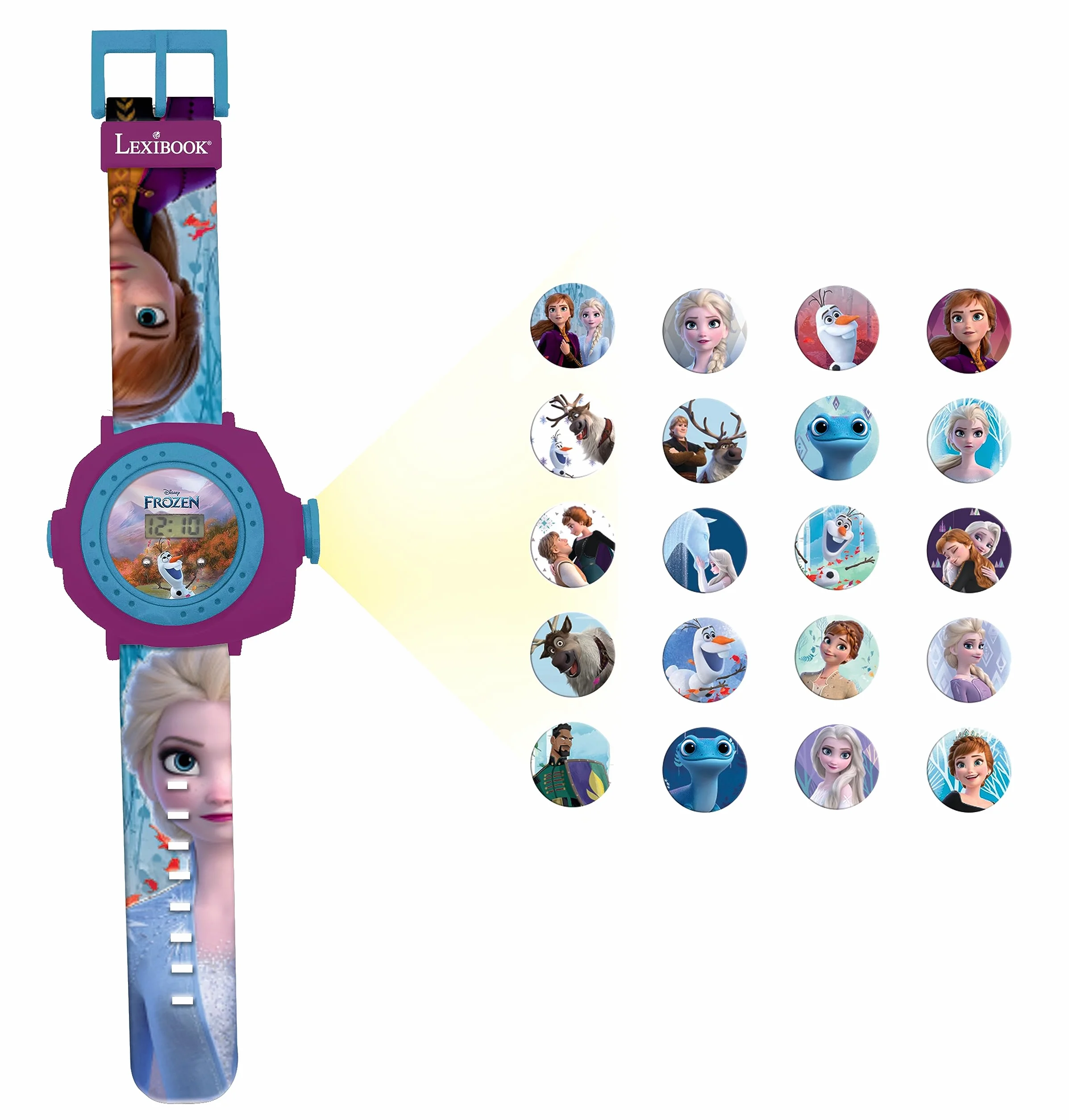 Lexibook Frozen 2, Frozen 2 Regulowany Cyfrowy Zegarek na Rękę z 20 Projekcjami Elsy, Anny i Olafa, dla Dzieci, Dziewczynek, Niebieski i Fioletowy, DMW050FZ