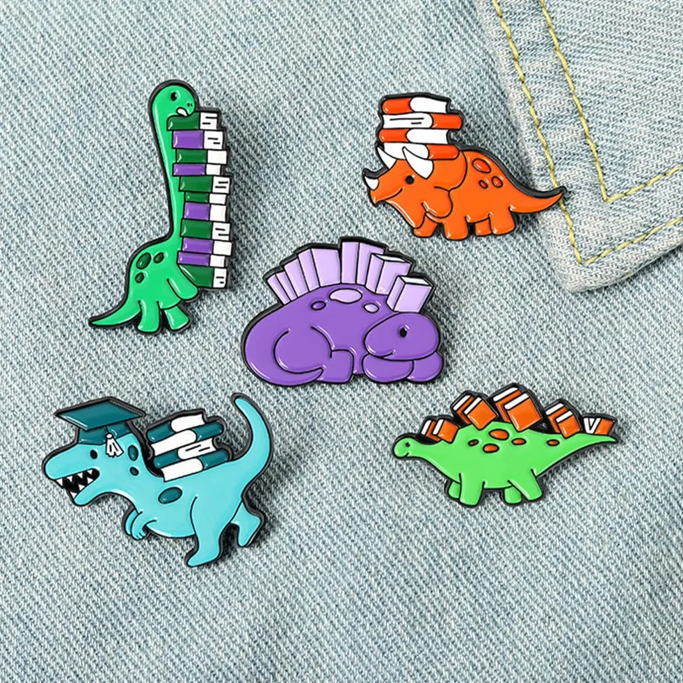 Happyyami 5 szt. kreskówkowa broszka przypinka dinozaur dinozaur z książką, odznaka, ubrania, torby, plecaki, klapy, przypinki, dla kobiet, dziewcząt, odzież, dekoracja,, 3.3x2.8cm, Metal