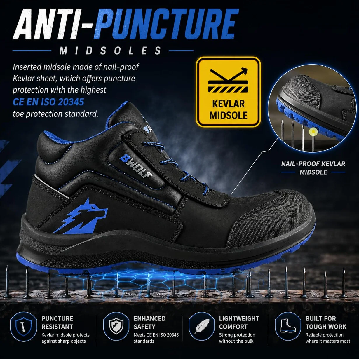 BWOLF Spire skórzane buty robocze męskie S3 buty ochronne S3 wodoszczelne, odporne na olej, antypoślizgowe z technologią 4 x 4 Grip z ergonomiczną wymienną podeszwą